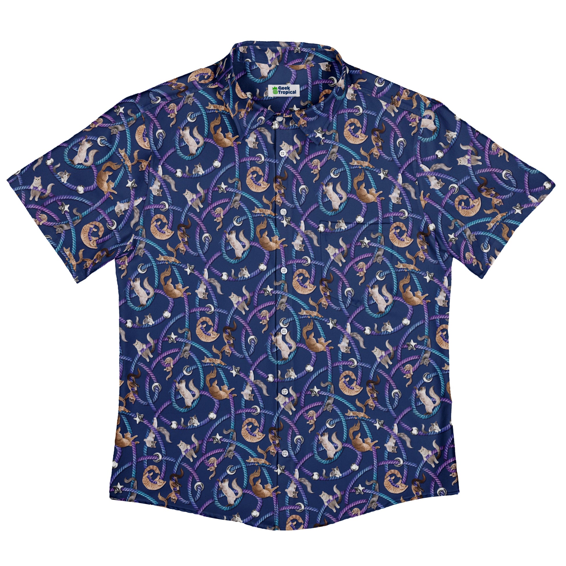 Cosmic Yarn Cats Blue Button Up Shirt Flat Front