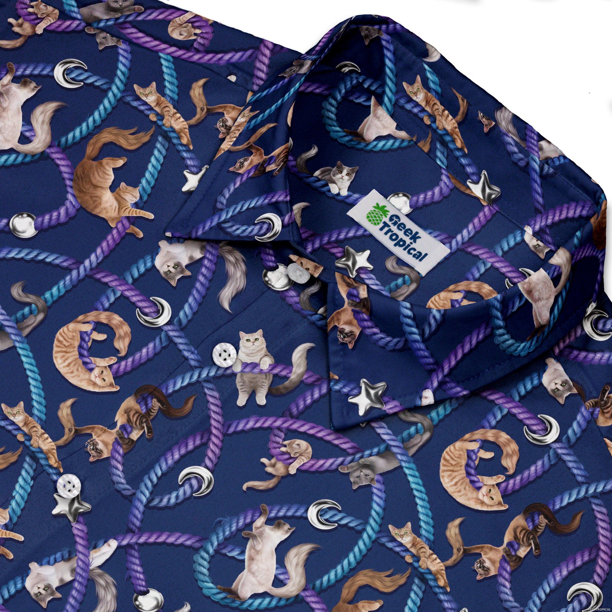 Cosmic Yarn Cats Blue Button Up Shirt Neck
