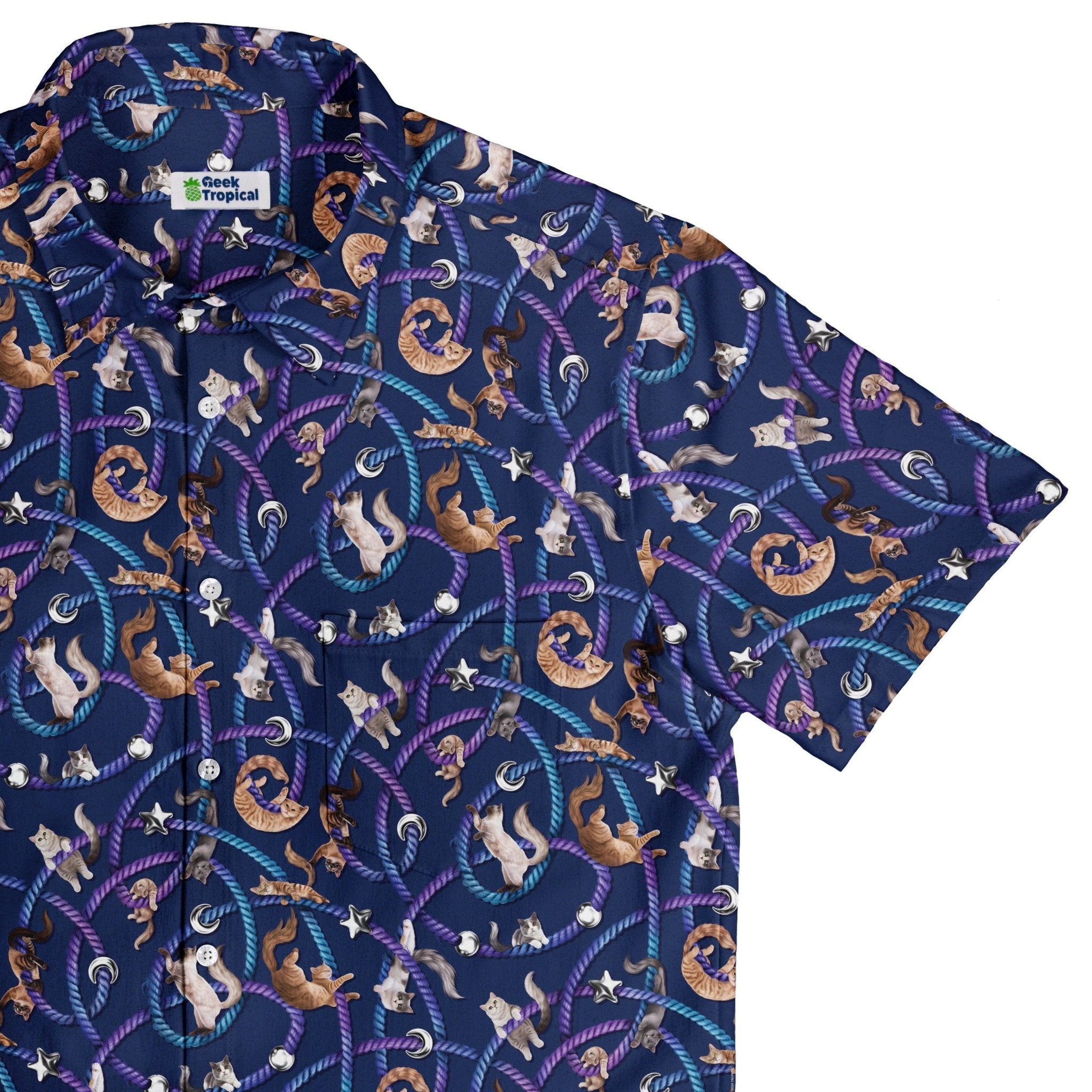 Cosmic Yarn Cats Blue Button Up Shirt 1