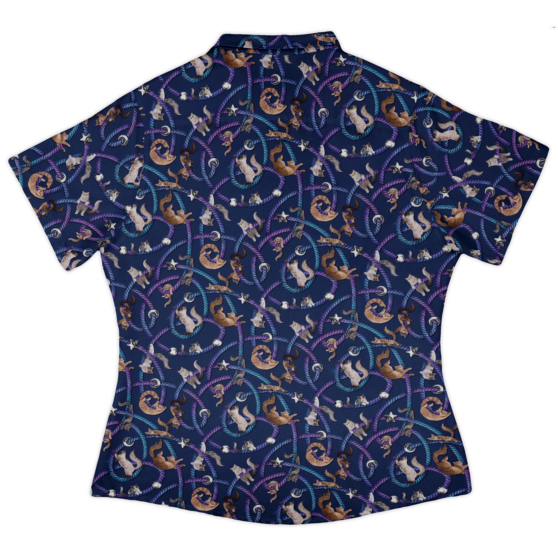 Cosmic Yarn Cats Blue Curvy Button Up Shirt womens back