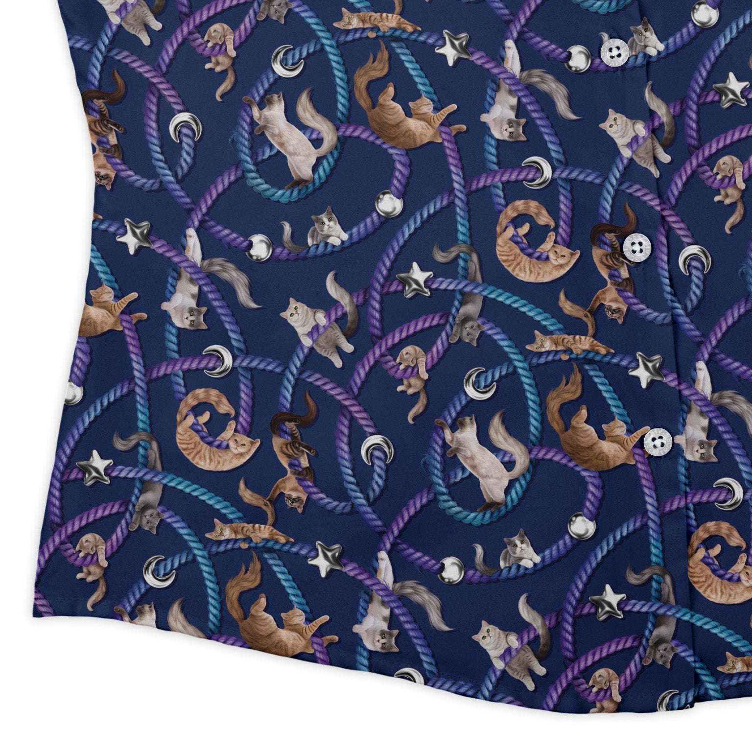 Cosmic Yarn Cats Blue Curvy Button Up Shirt womens corner
