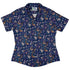 Cosmic Yarn Cats Blue Curvy Button Up Shirt womens front