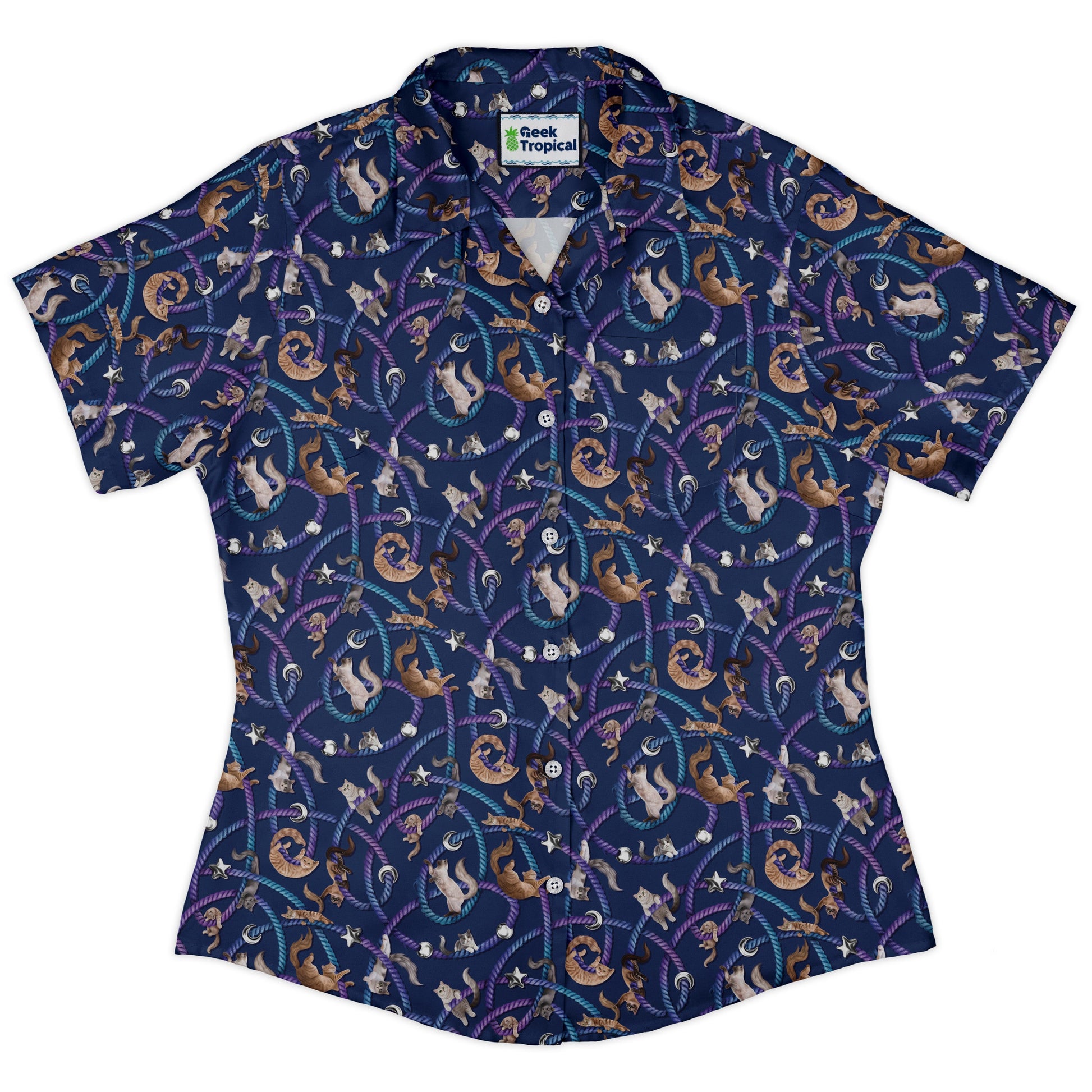Cosmic Yarn Cats Blue Curvy Button Up Shirt womens front