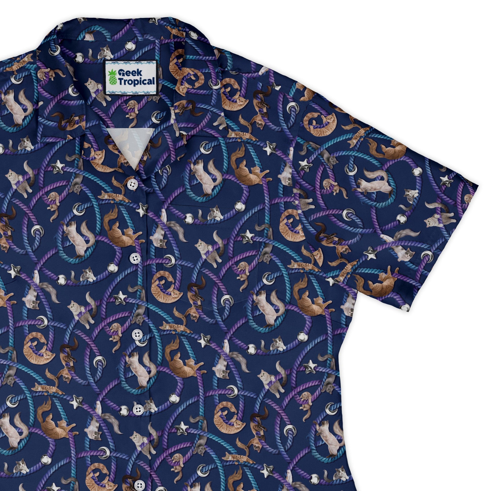 Cosmic Yarn Cats Blue Curvy Button Up Shirt womens top right