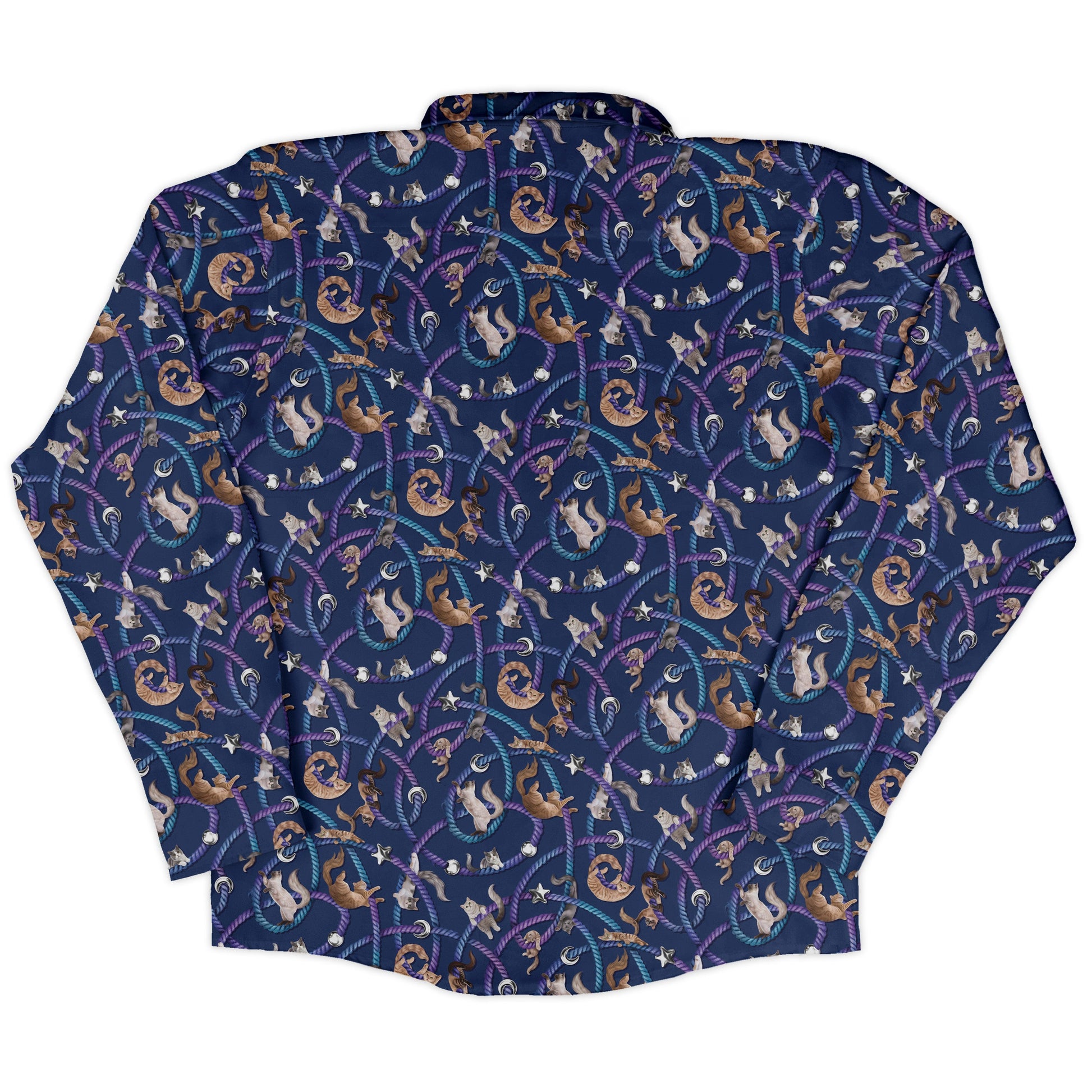 Cosmic Yarn Cats Blue Long Sleeve Button Up Shirt back