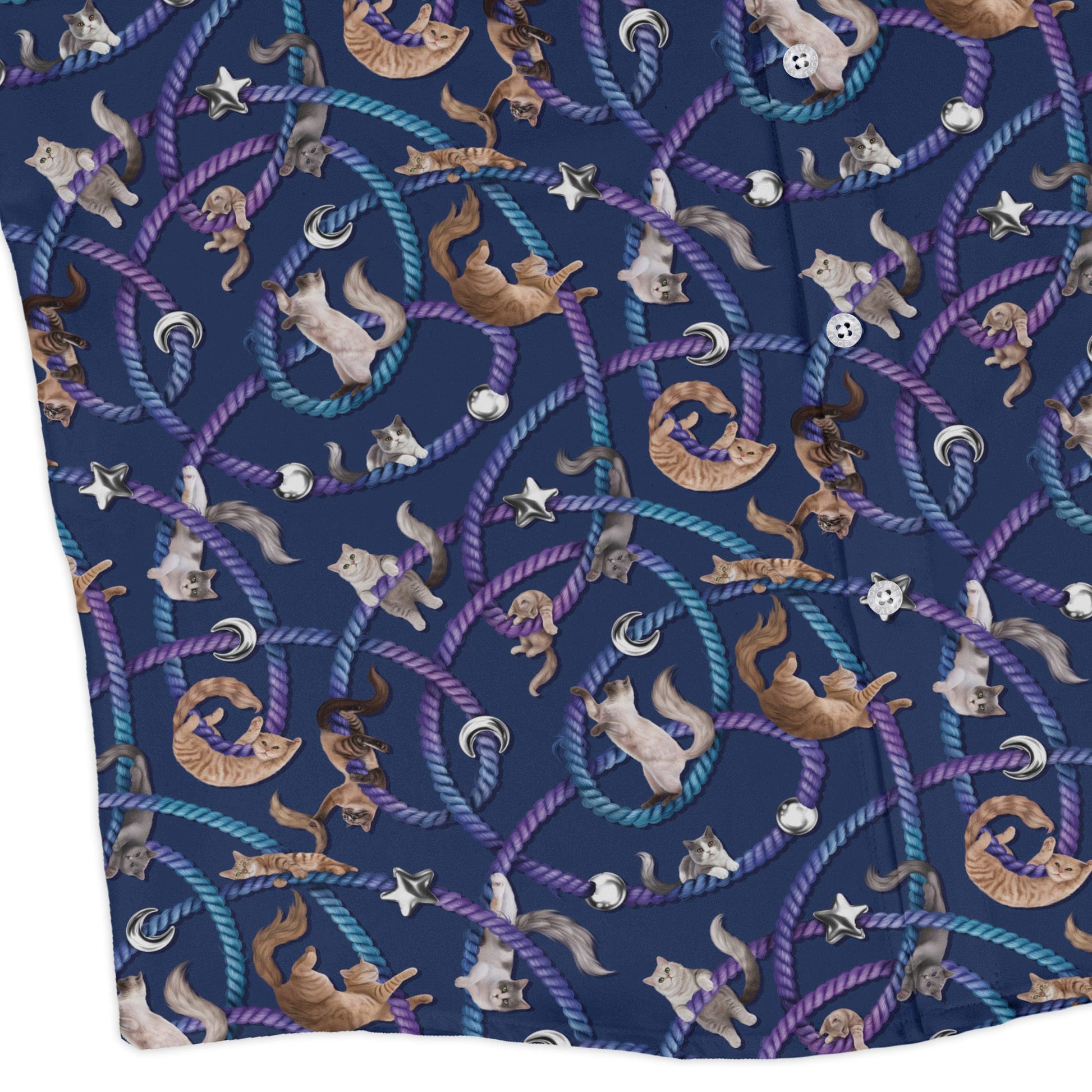 Cosmic Yarn Cats Blue Long Sleeve Button Up Shirt corner