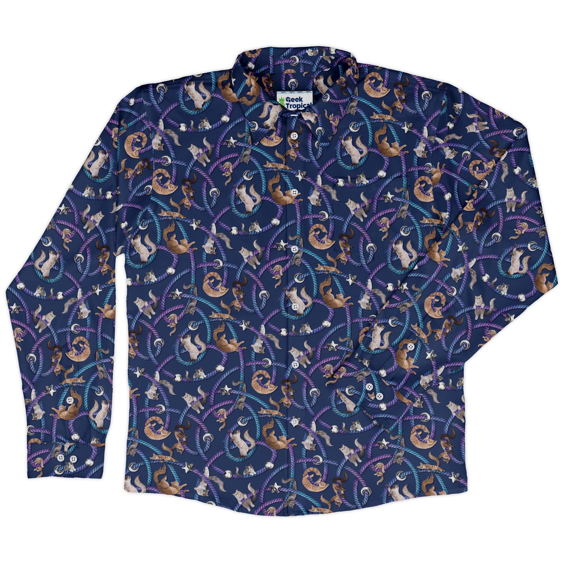 Cosmic Yarn Cats Blue Long Sleeve Button Up Shirt front