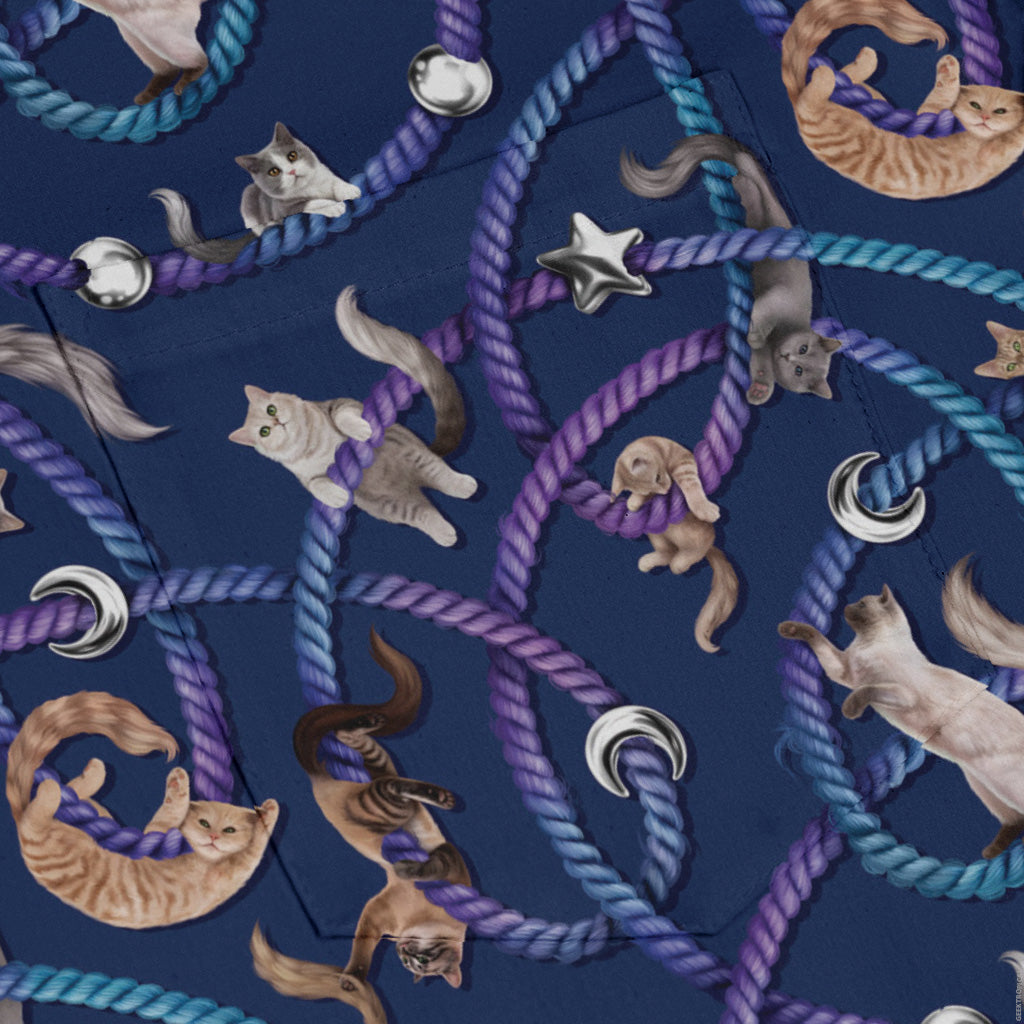 Cosmic Yarn Cats Blue Long Sleeve Button Up Shirt pocket