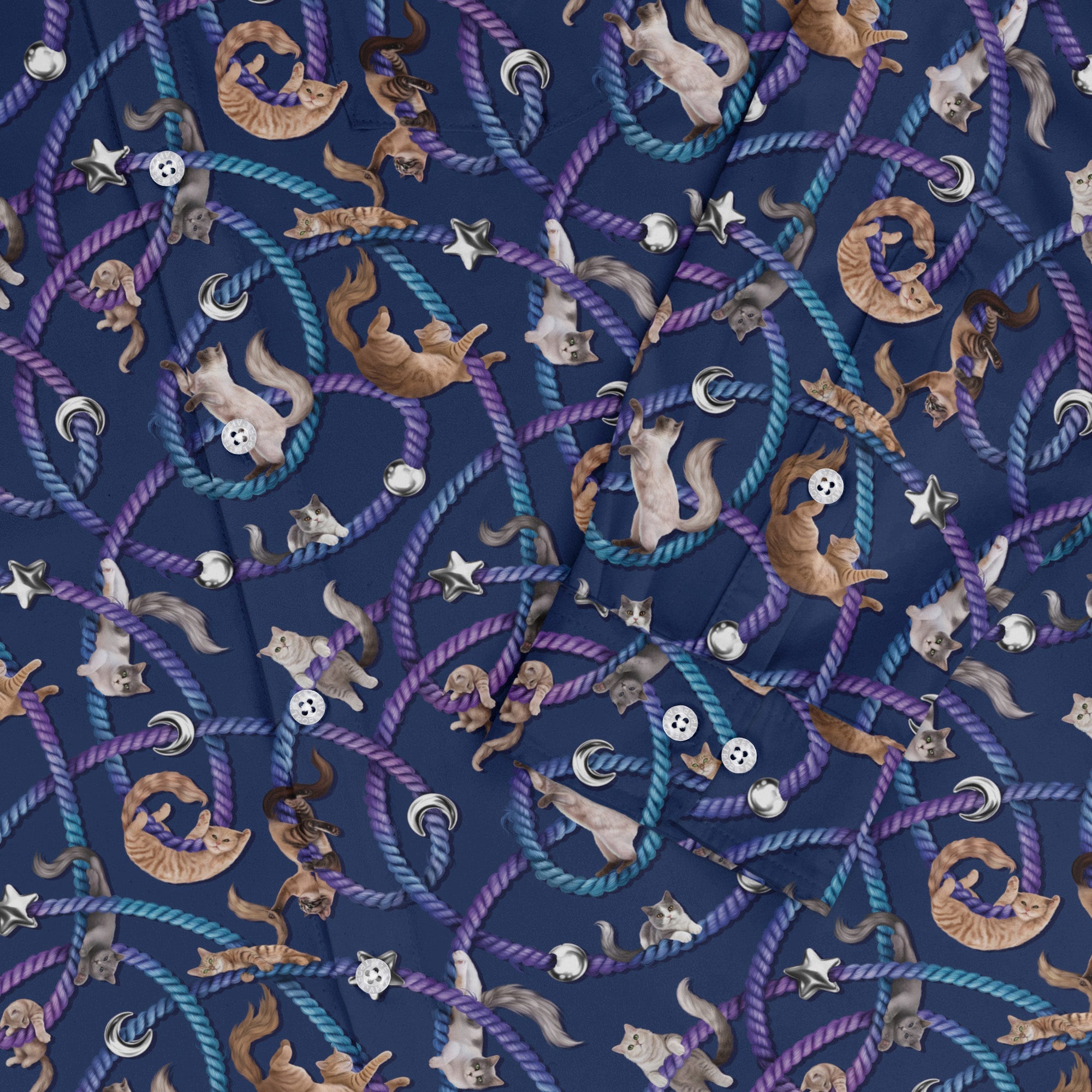 Cosmic Yarn Cats Blue Long Sleeve Button Up Shirt 2