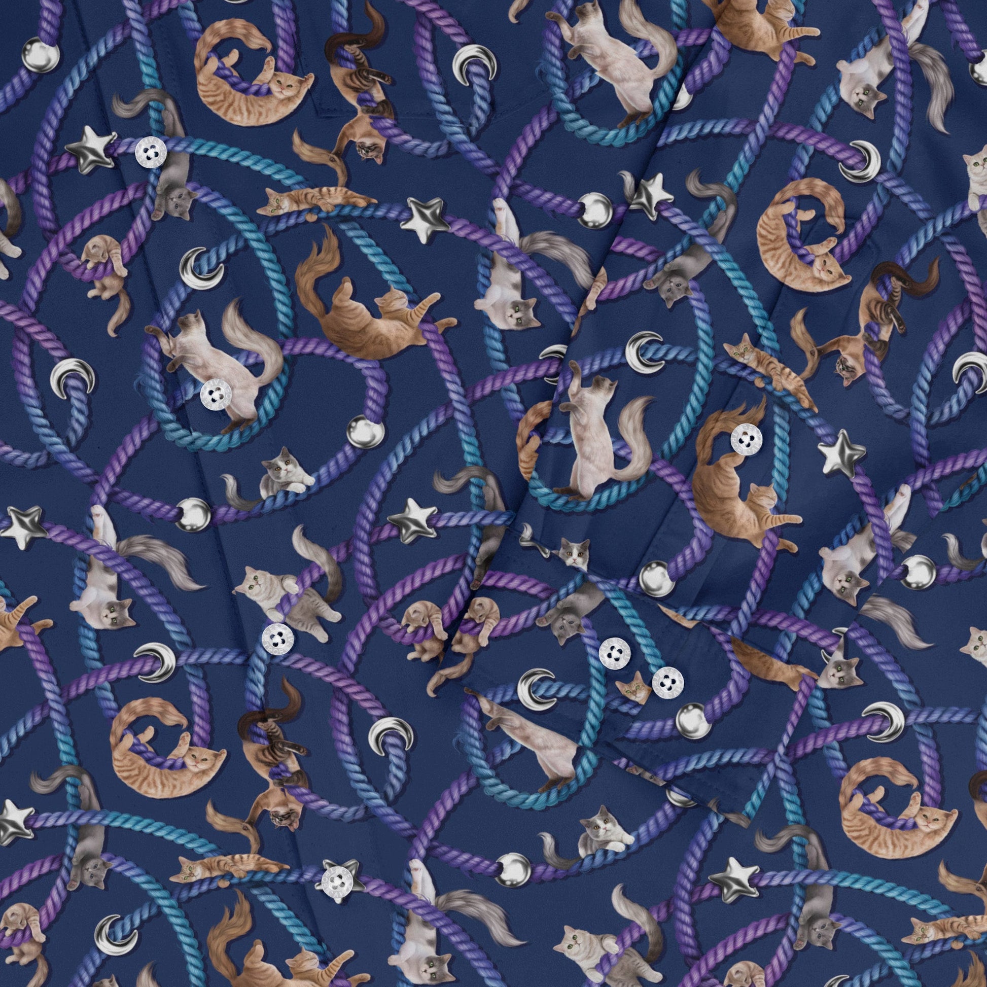 Cosmic Yarn Cats Blue Long Sleeve Button Up Shirt sleeve close