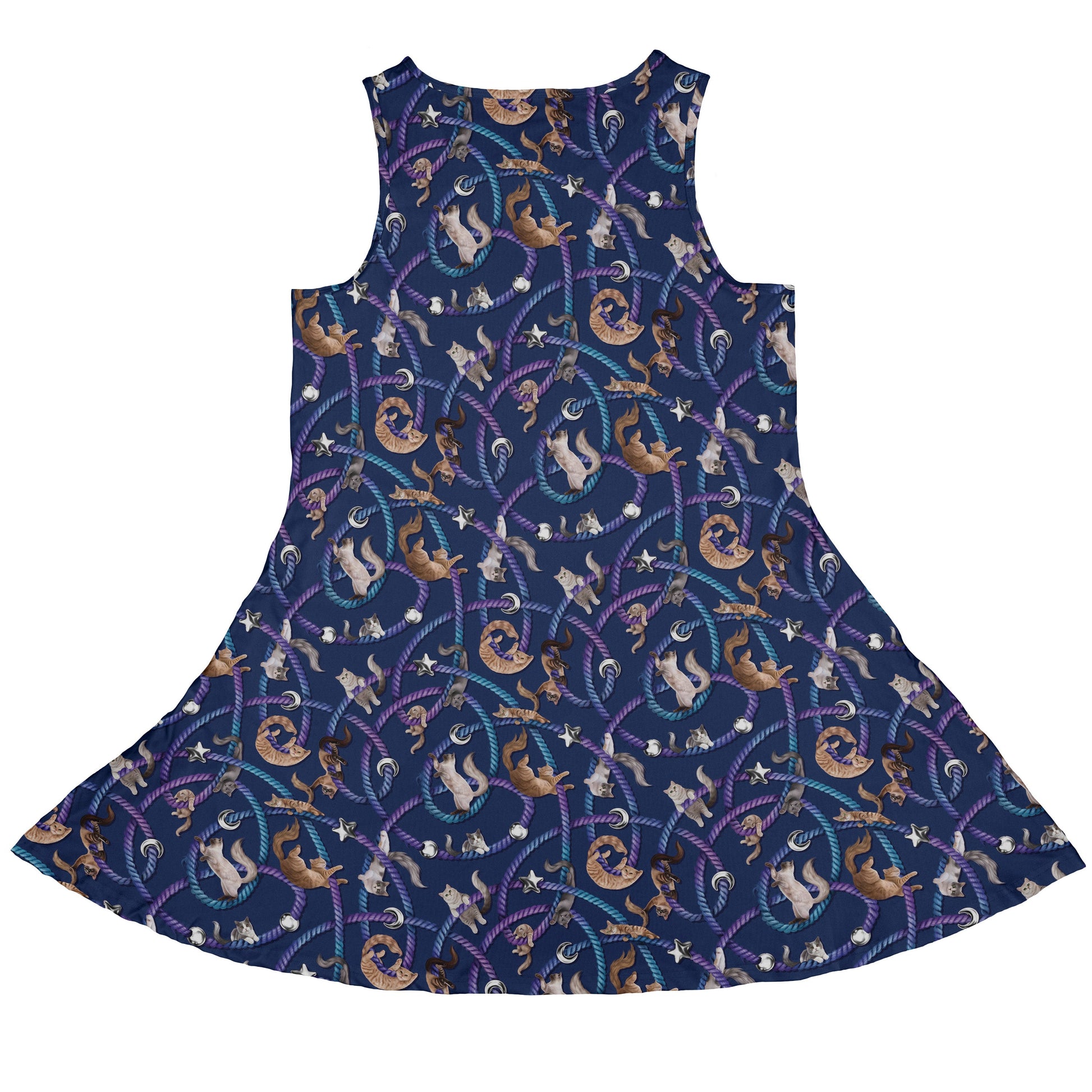 Cosmic Yarn Cats Blue Sleeveless Dress back