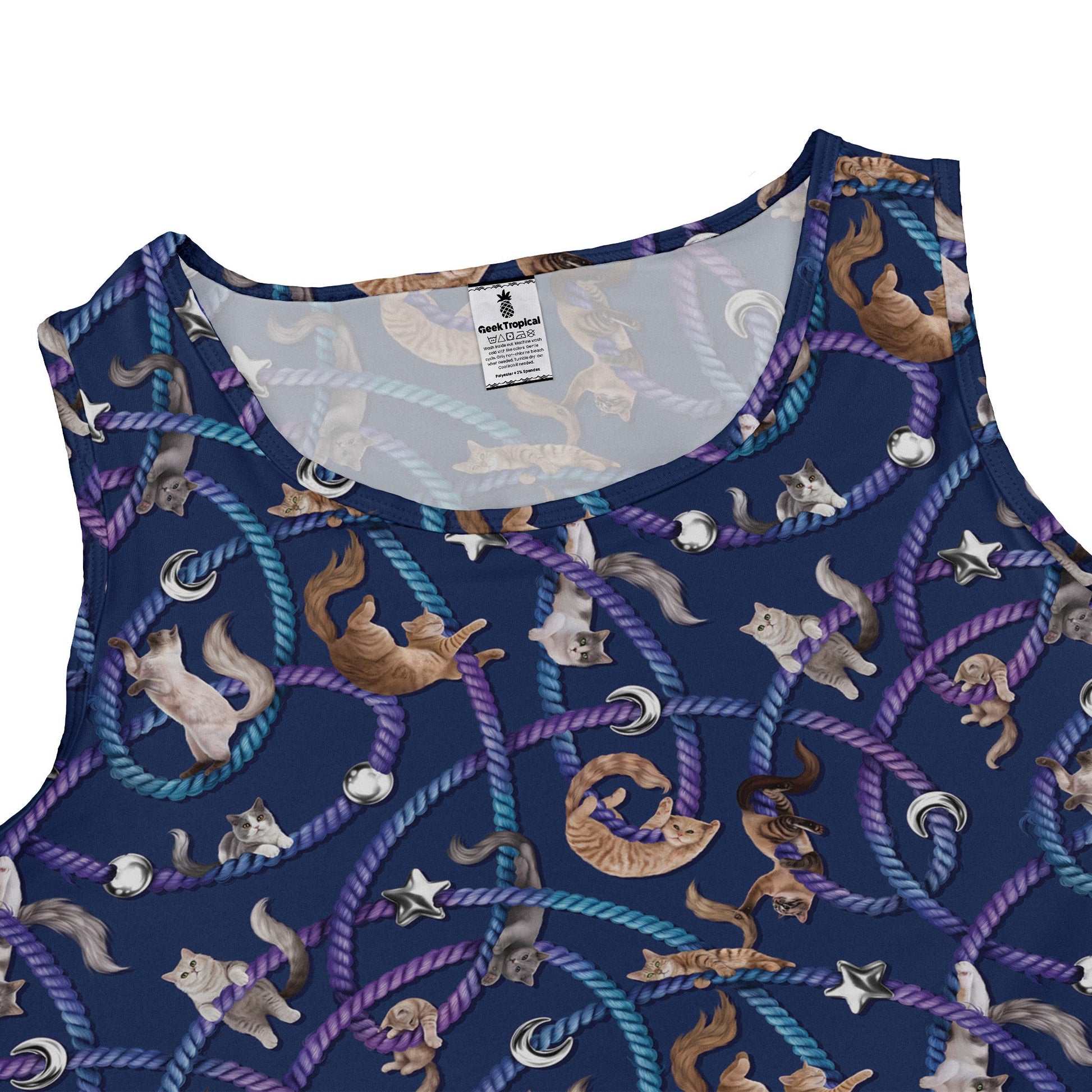 Cosmic Yarn Cats Blue Sleeveless Dress close front