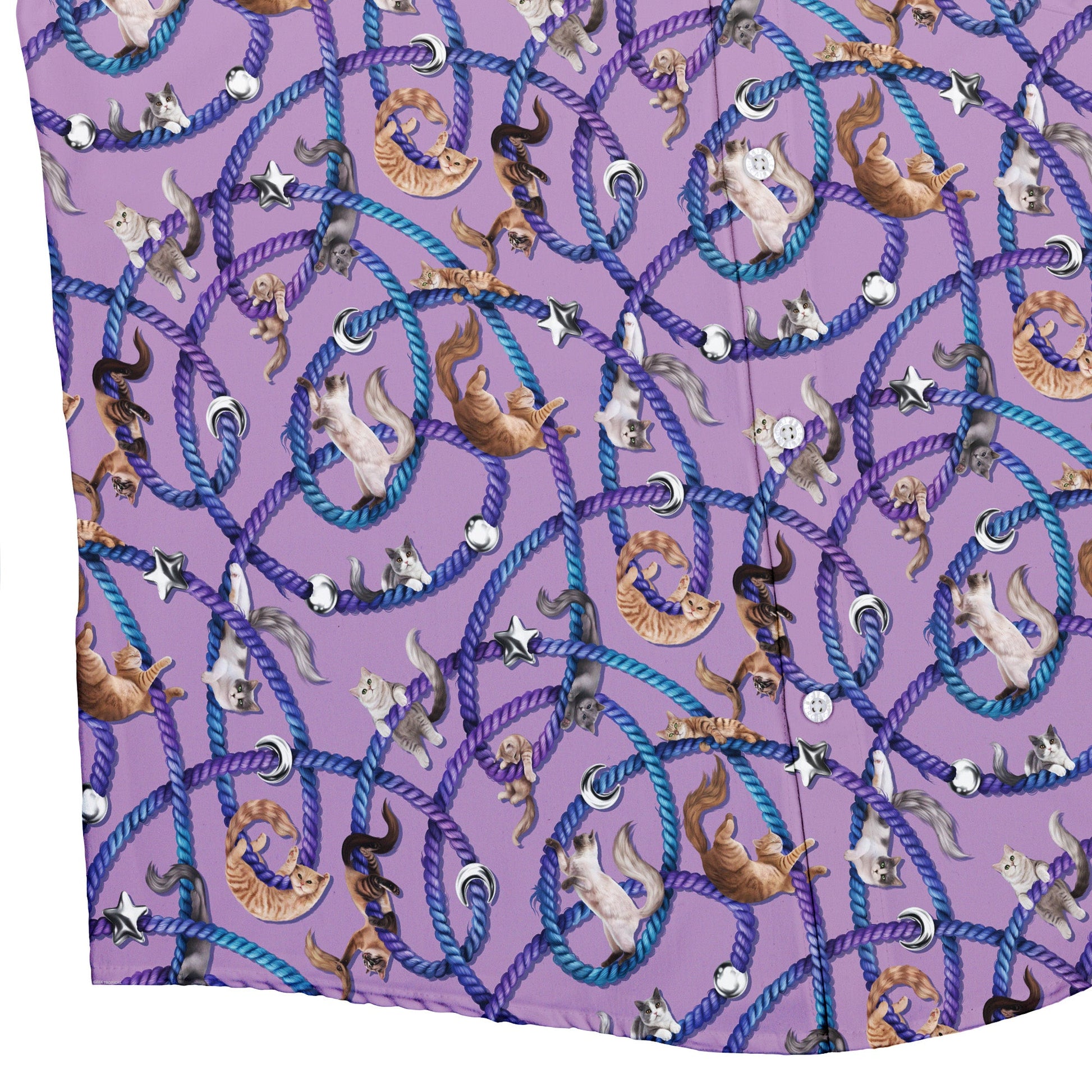 Cosmic Yarn Cats Lilac Button Up Shirt Bottom Corner