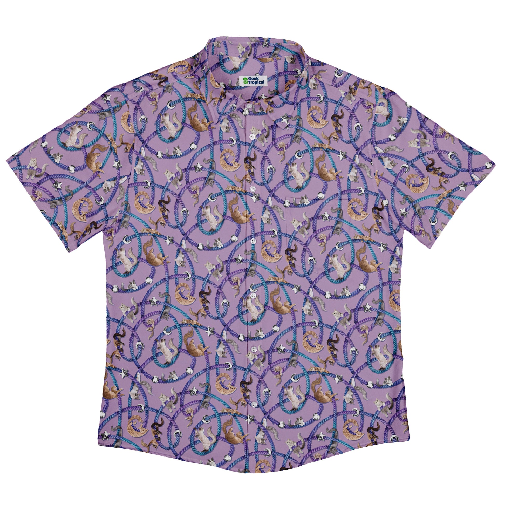 Cosmic Yarn Cats Lilac Button Up Shirt Flat Front