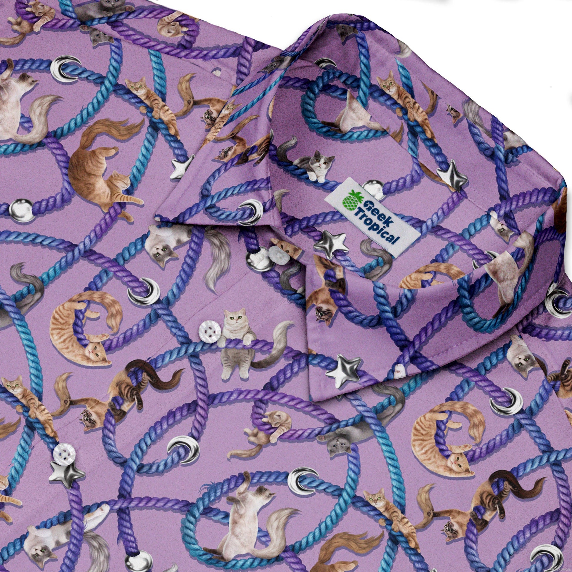 Cosmic Yarn Cats Lilac Button Up Shirt Neck