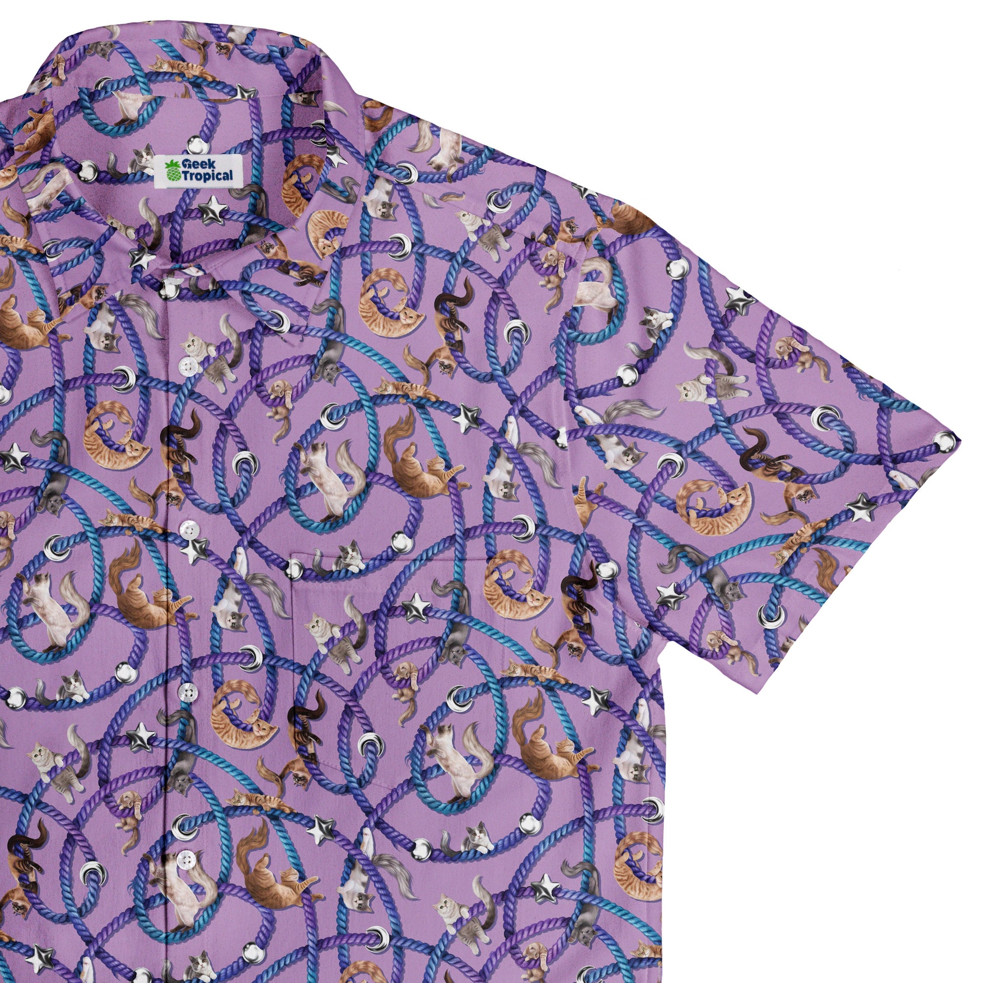 Cosmic Yarn Cats Lilac Button Up Shirt Top Corner
