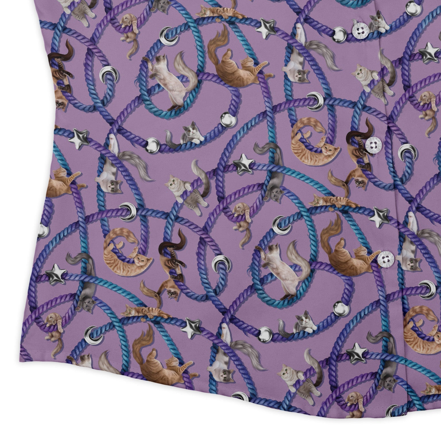 Cosmic Yarn Cats Lilac Curvy Button Up Shirt womens corner