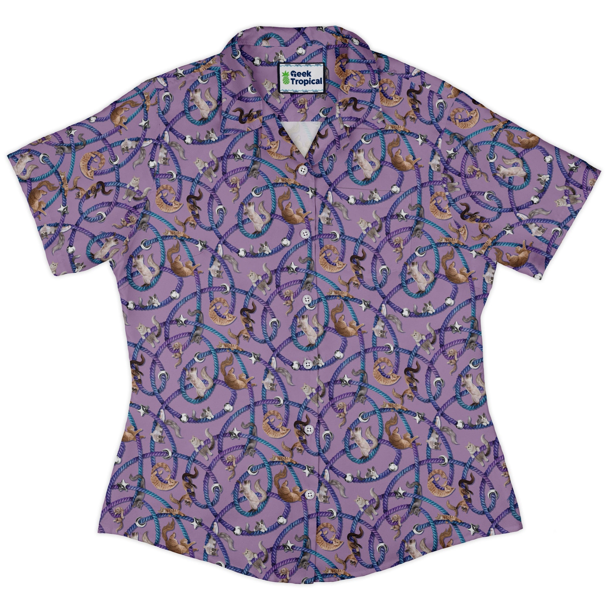 Cosmic Yarn Cats Lilac Curvy Button Up Shirt womens front