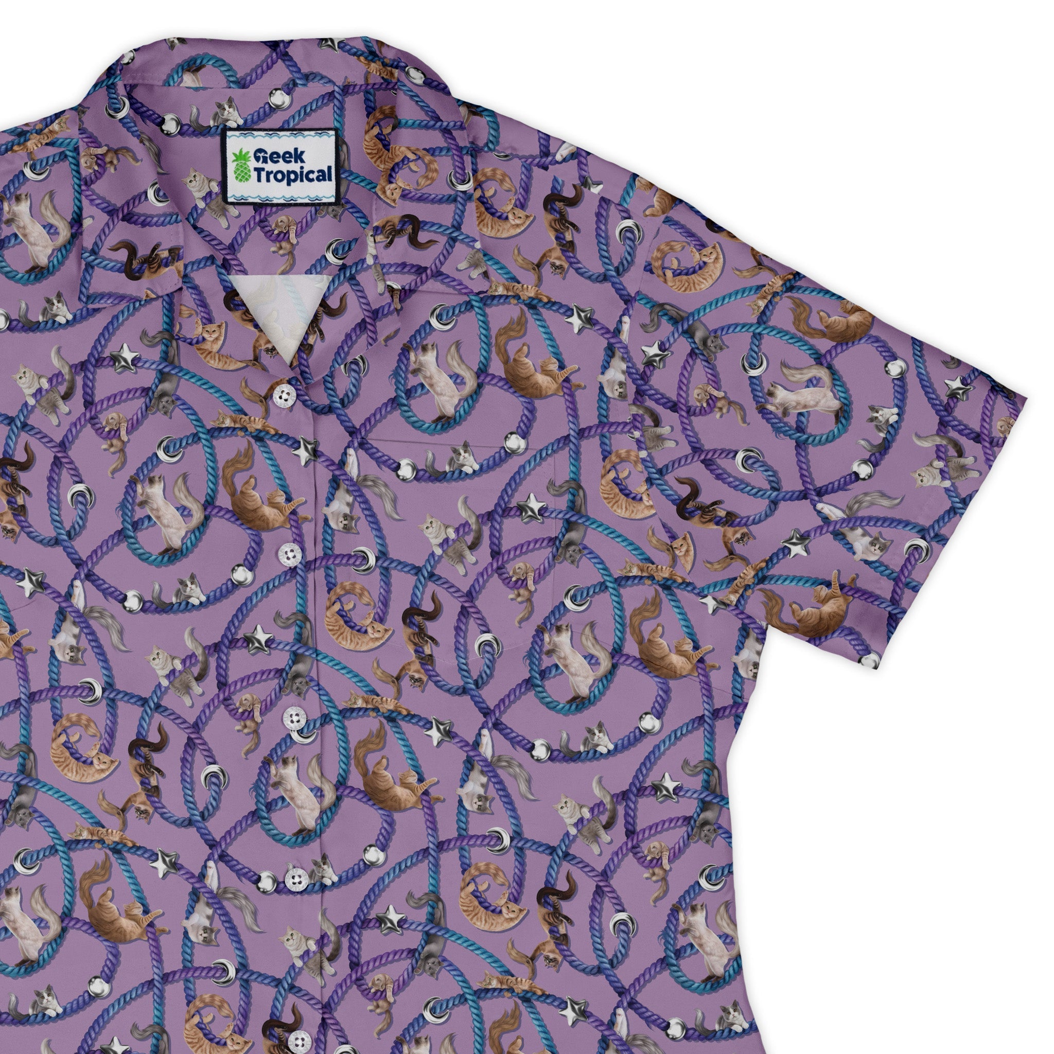 Cosmic Yarn Cats Lilac Curvy Button Up Shirt womens top right