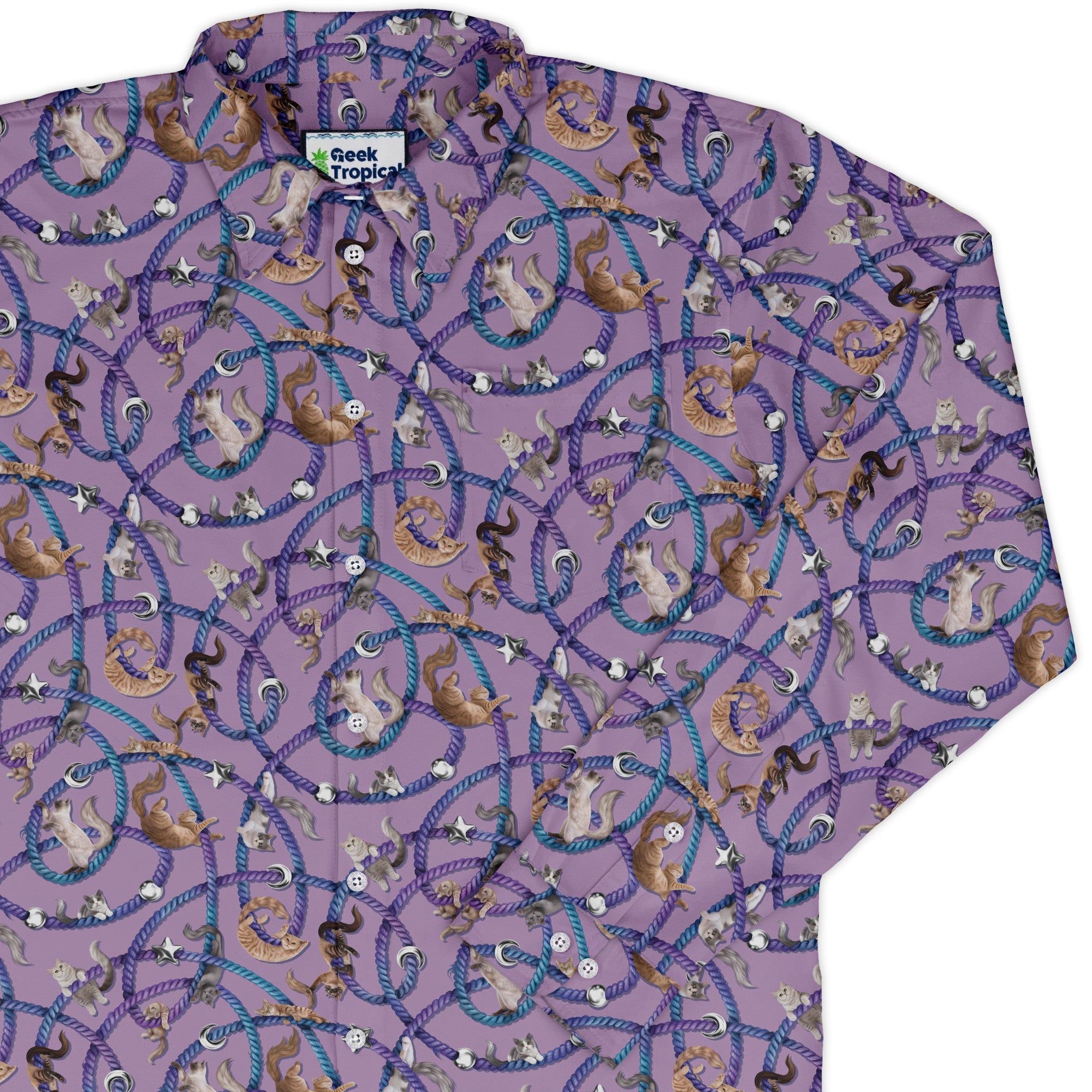 Cosmic Yarn Cats Lilac Long Sleeve Button Up Shirt cover