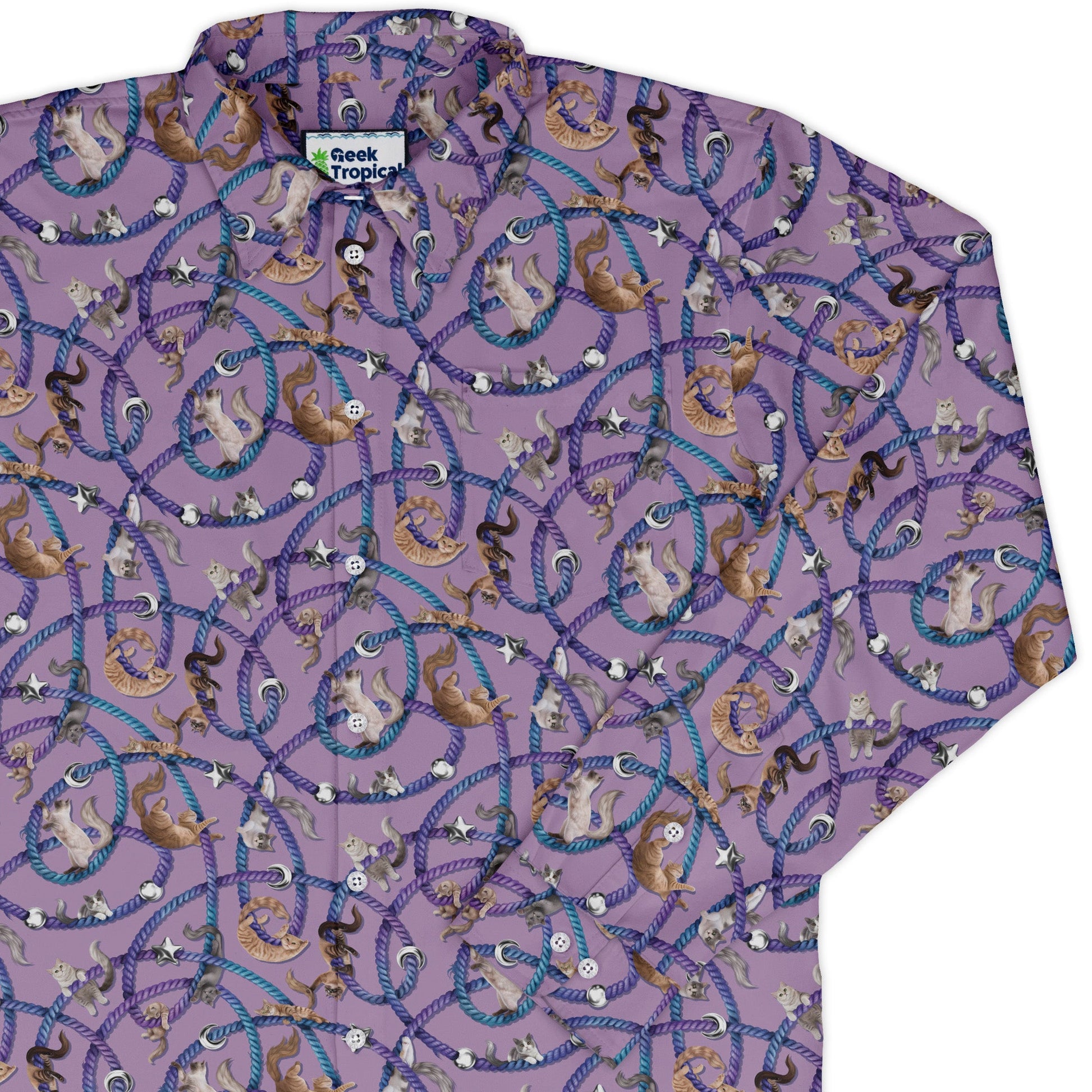 Cosmic Yarn Cats Lilac Long Sleeve Button Up Shirt cover
