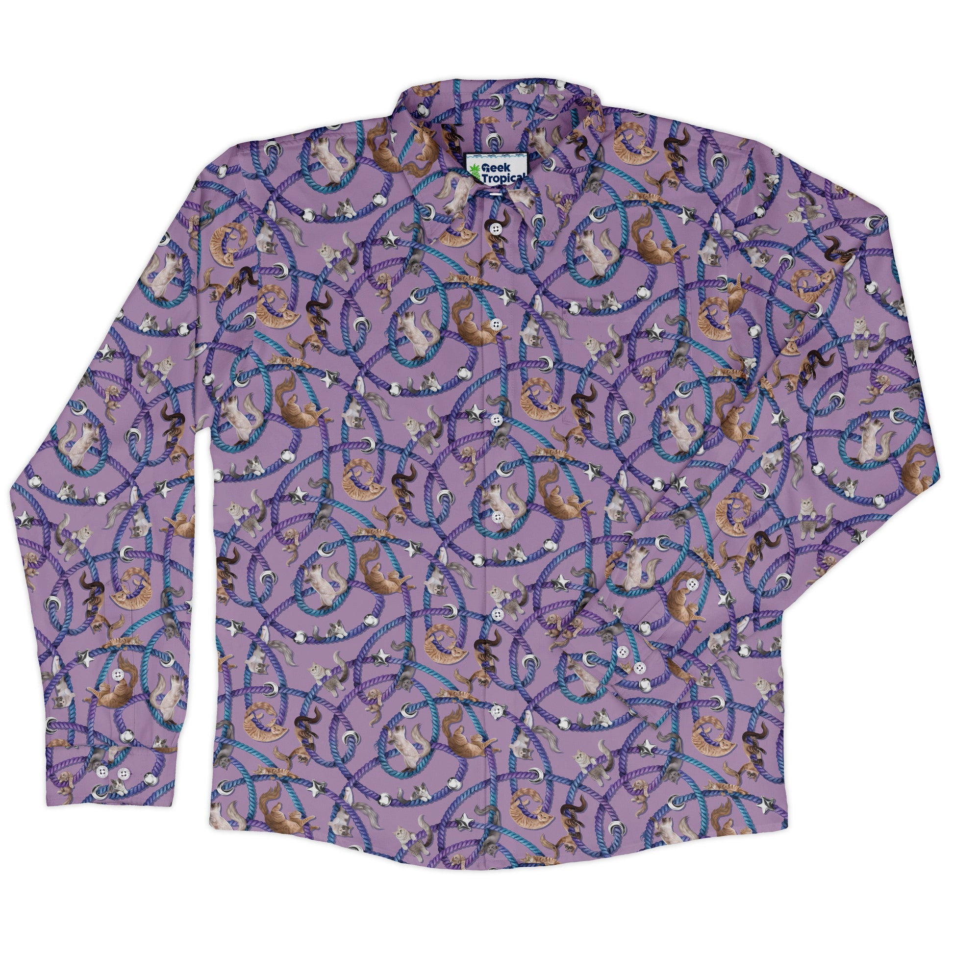 Cosmic Yarn Cats Lilac Long Sleeve Button Up Shirt front