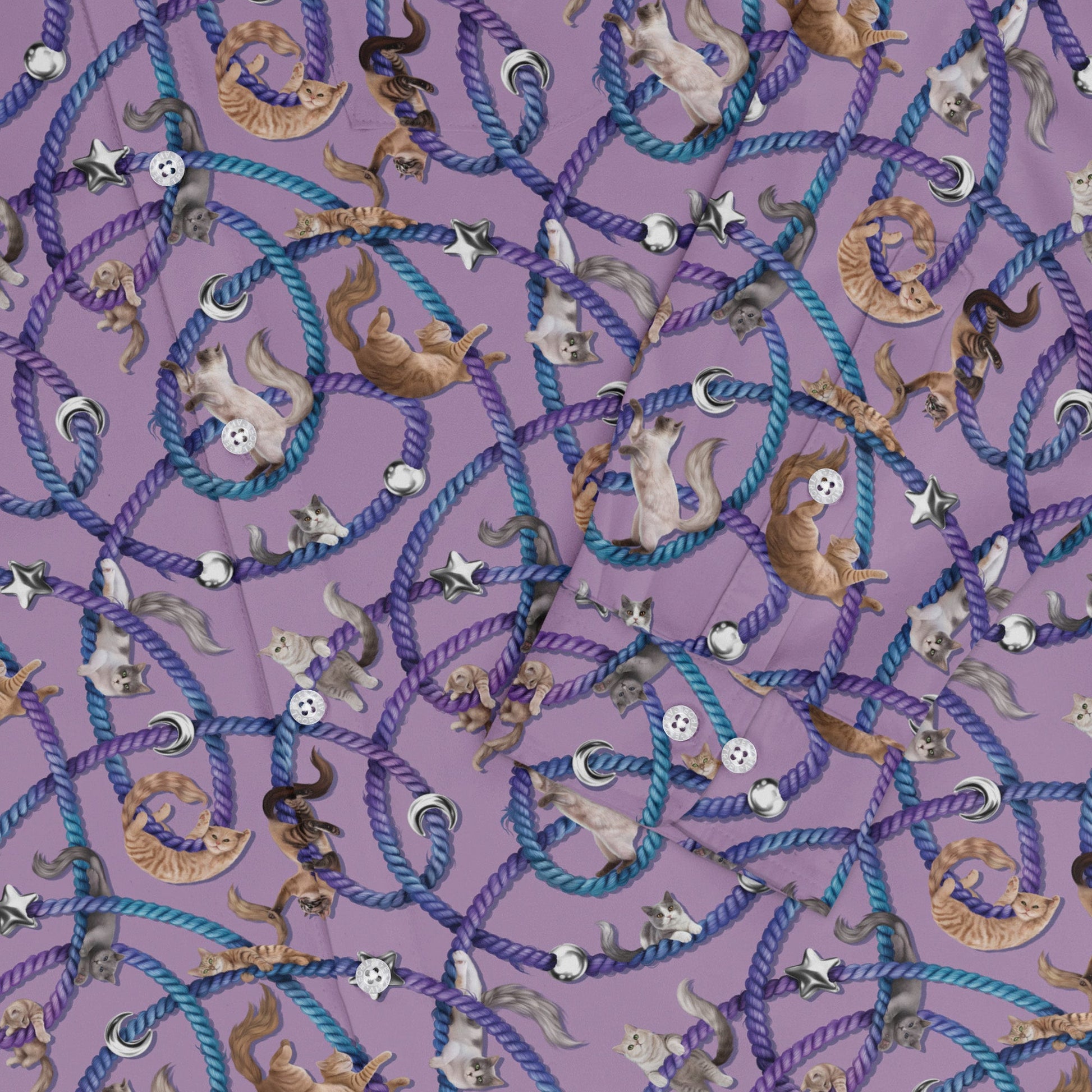 Cosmic Yarn Cats Lilac Long Sleeve Button Up Shirt sleeve close