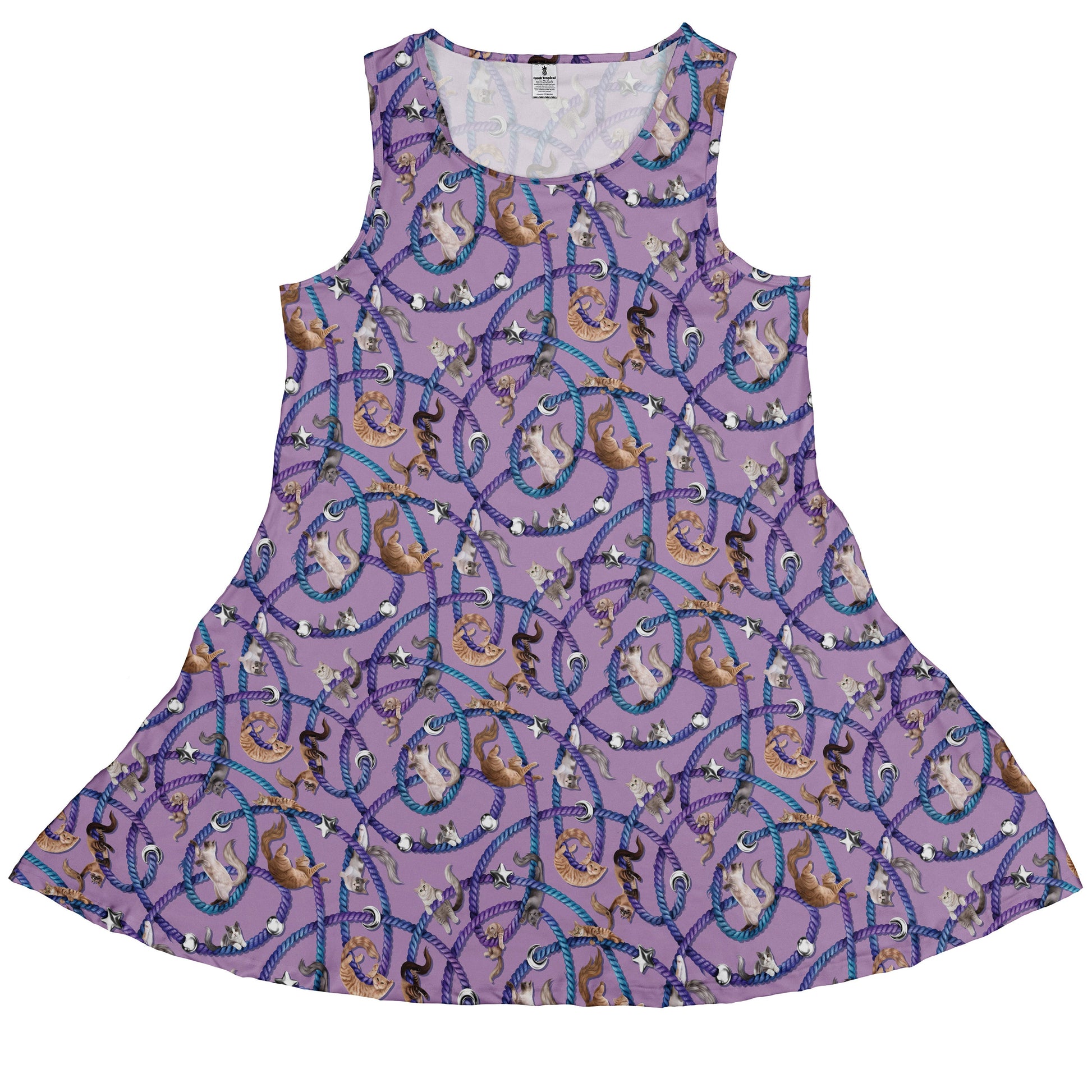 Cosmic Yarn Cats Lilac Sleeveless Dress front