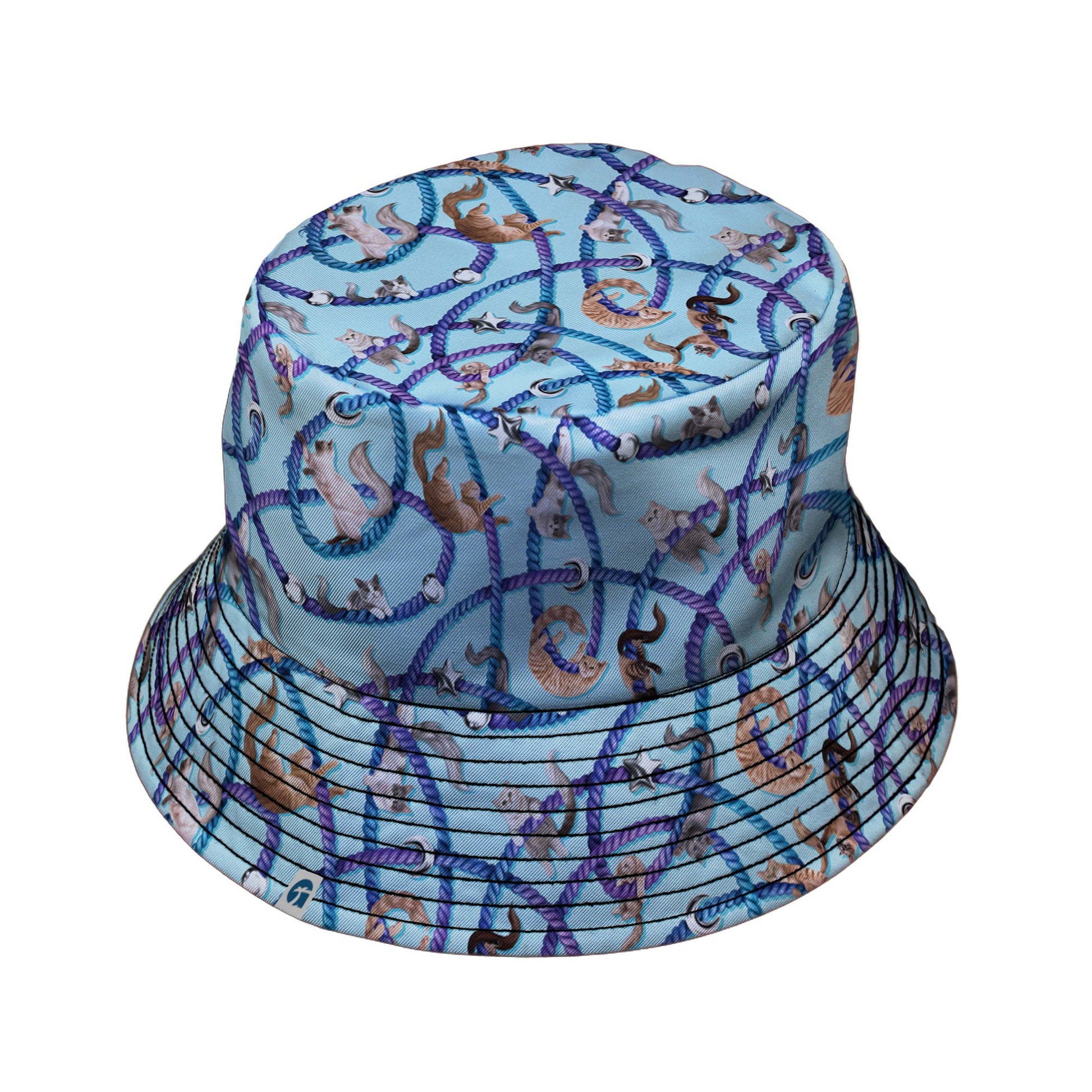 Cosmic Yarn Cats Teal Bucket Hat Black Stitching