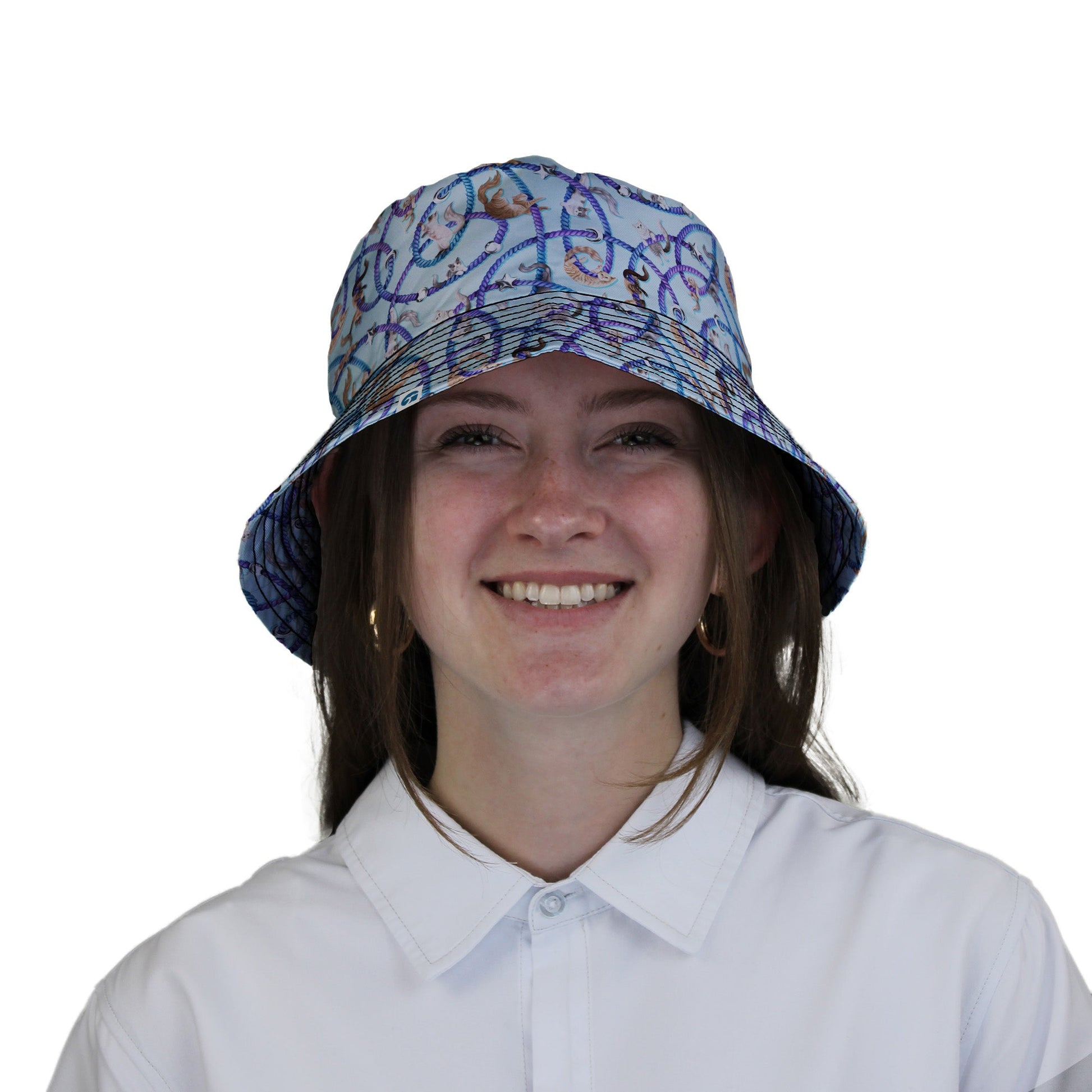 Cosmic Yarn Cats Teal Bucket Hat Woman