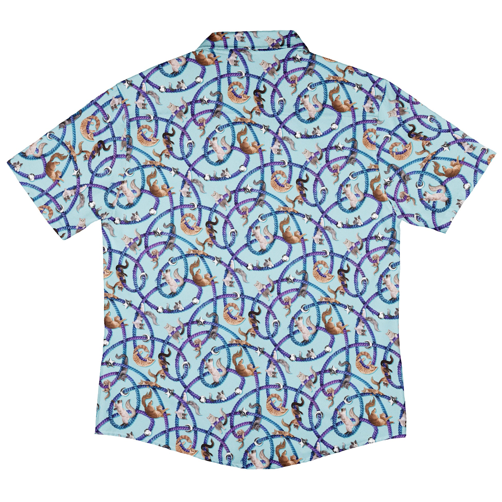 Cosmic Yarn Cats Teal Button Up Shirt Back