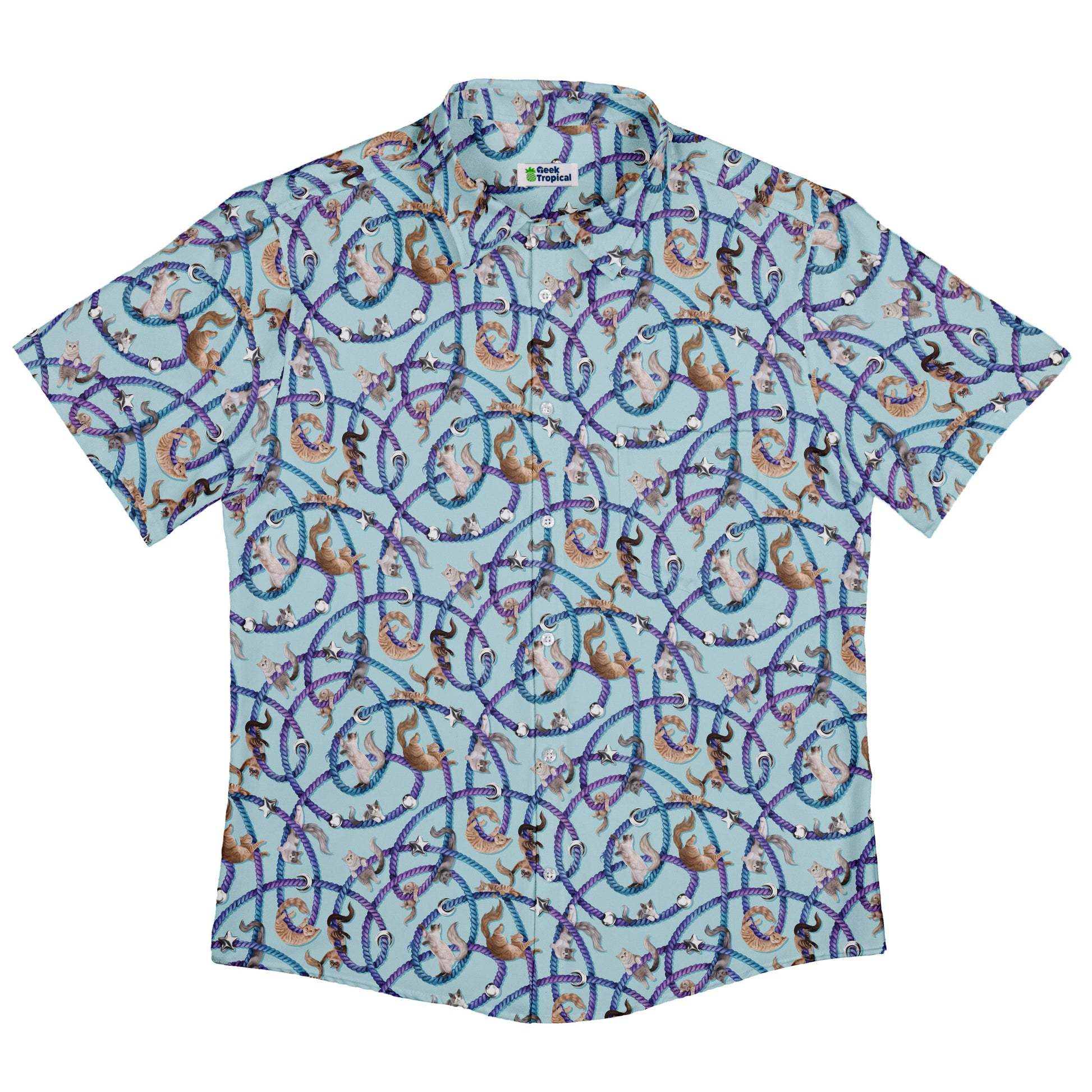 Cosmic Yarn Cats Teal Button Up Shirt Flat Front