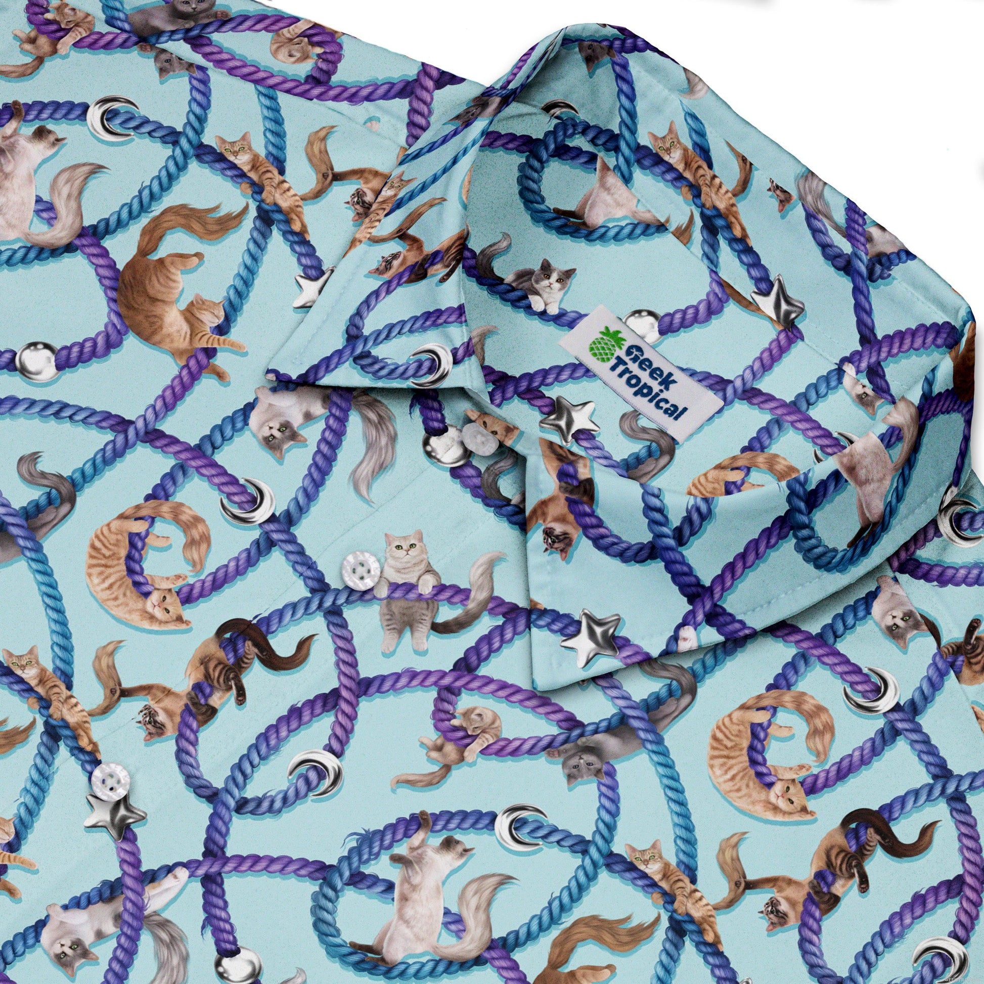 Cosmic Yarn Cats Teal Button Up Shirt Neck