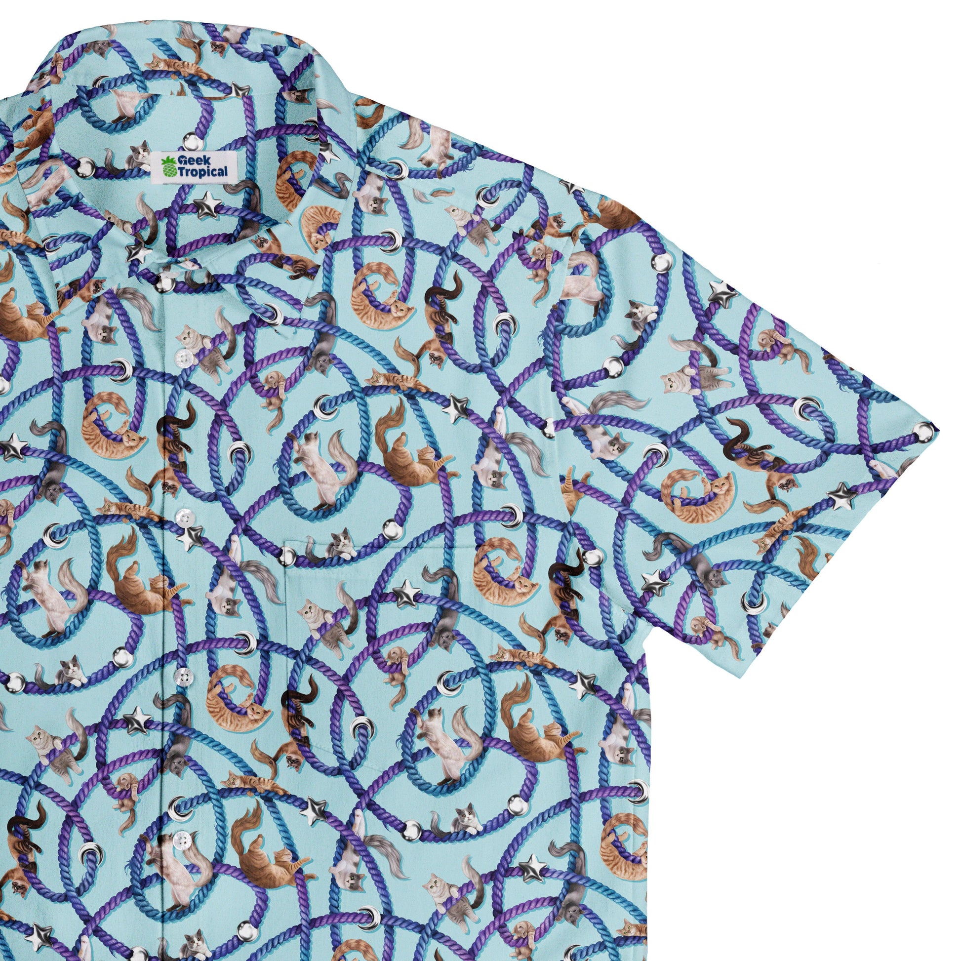 Cosmic Yarn Cats Teal Button Up Shirt Top Corner