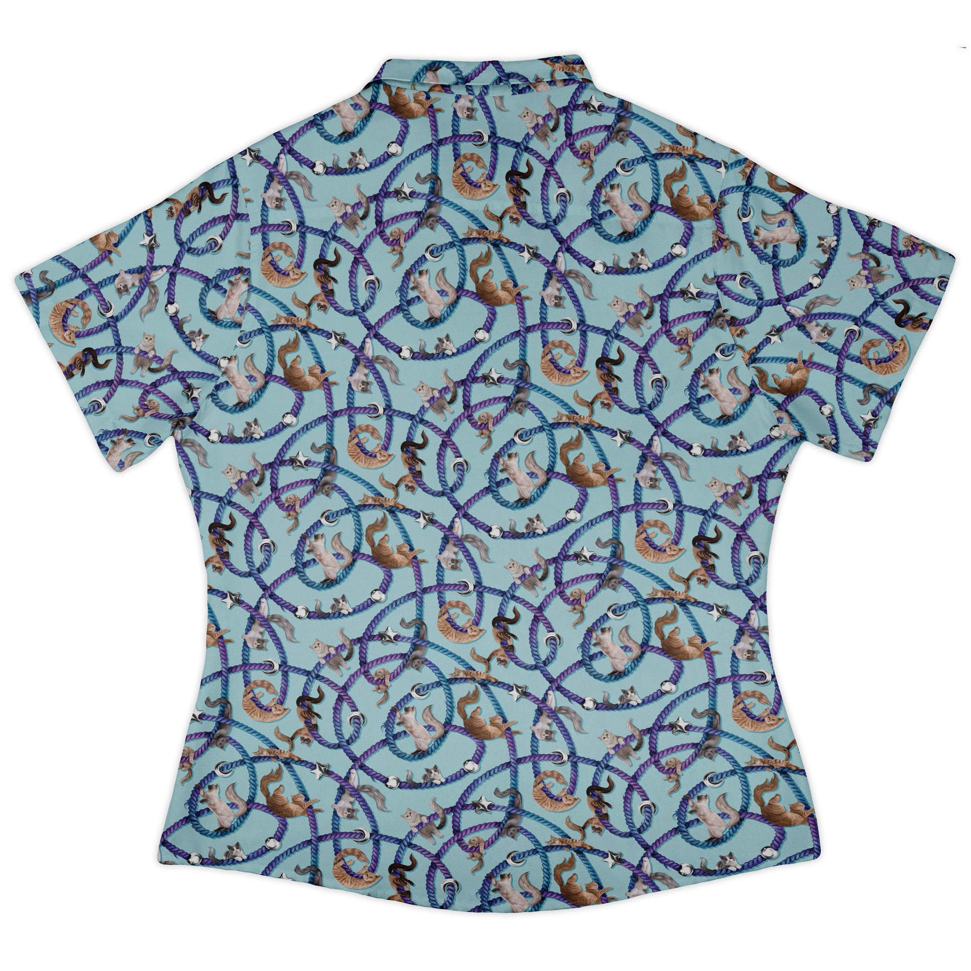 Cosmic Yarn Cats Teal Curvy Button Up Shirt womens back