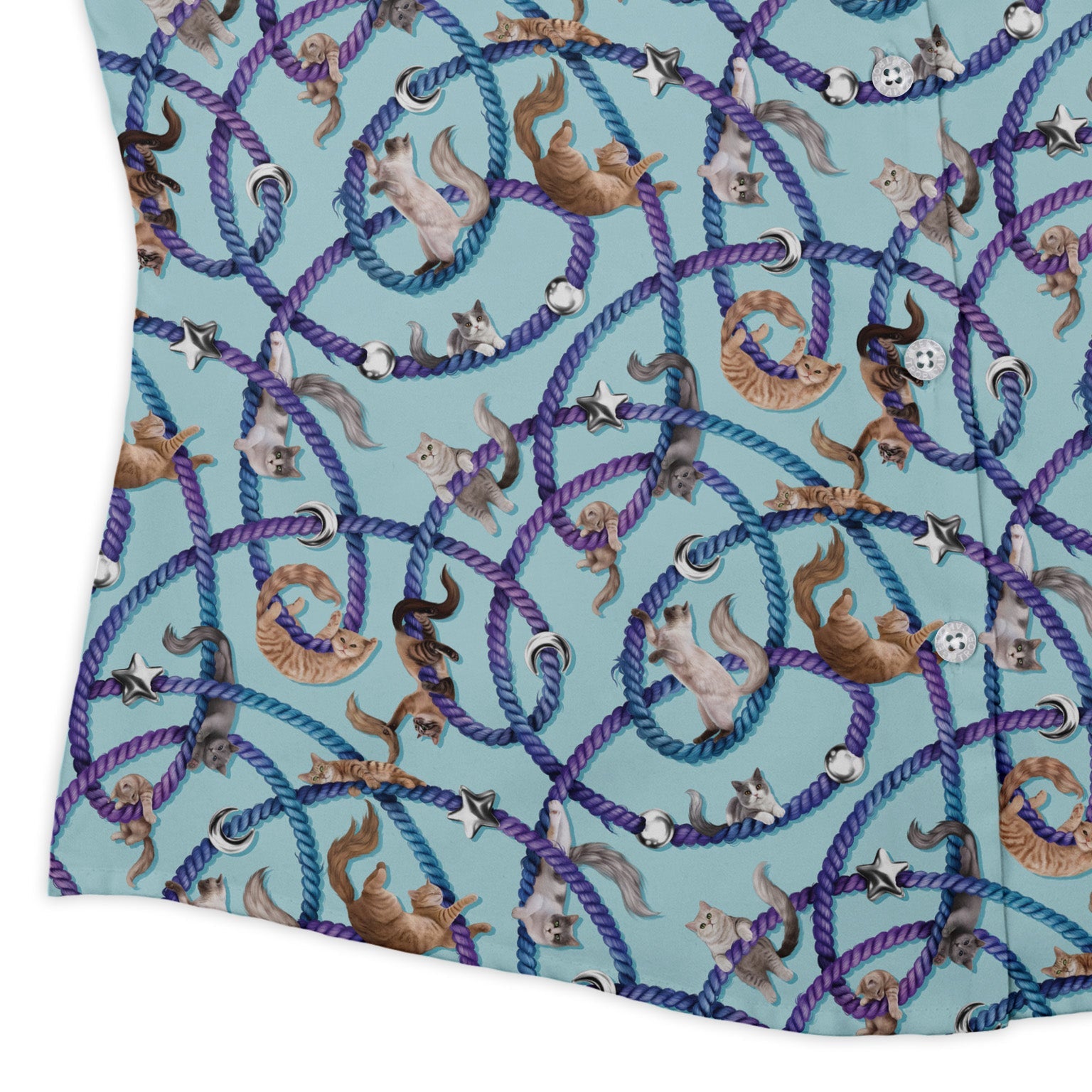 Cosmic Yarn Cats Teal Curvy Button Up Shirt womens corner