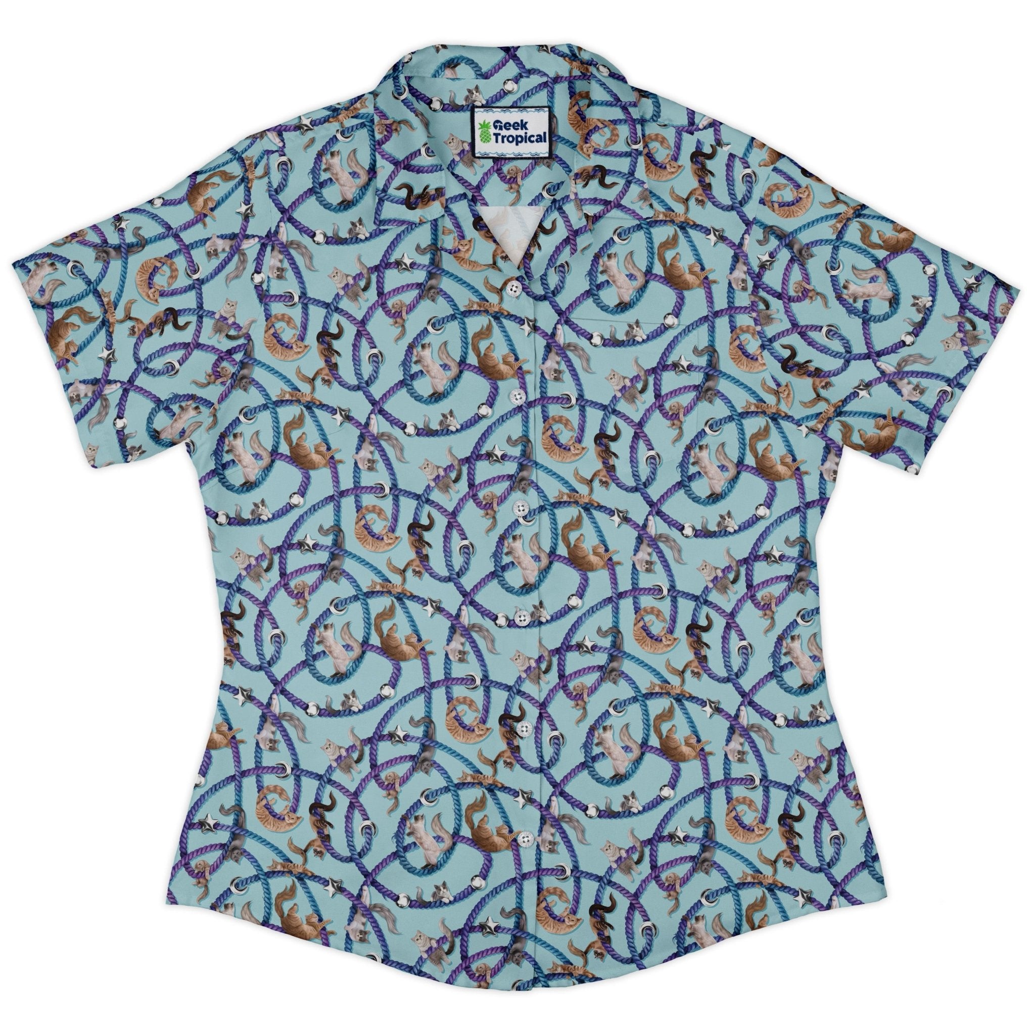 Cosmic Yarn Cats Teal Curvy Button Up Shirt 2