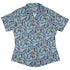 Cosmic Yarn Cats Teal Curvy Button Up Shirt womens front