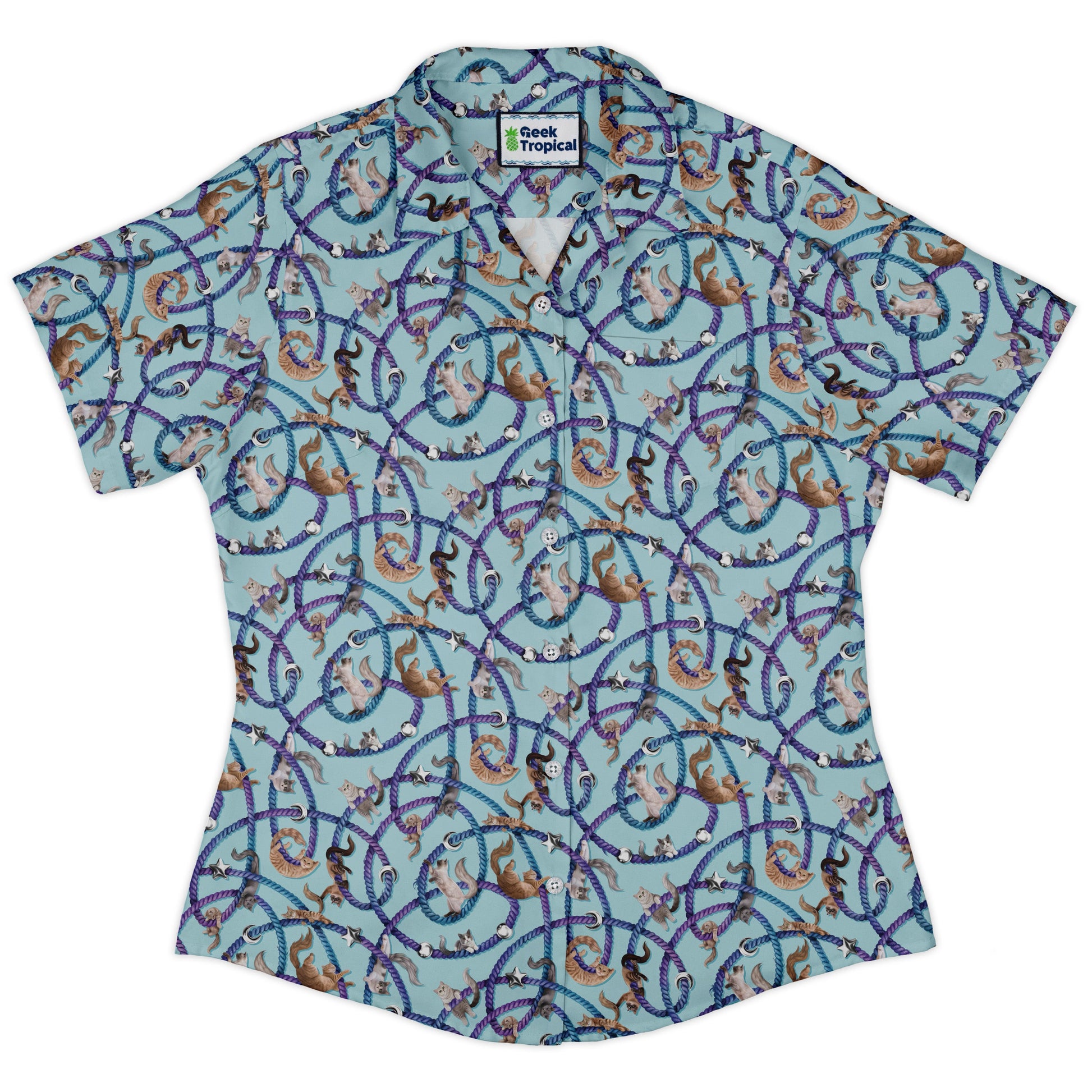 Cosmic Yarn Cats Teal Curvy Button Up Shirt womens front