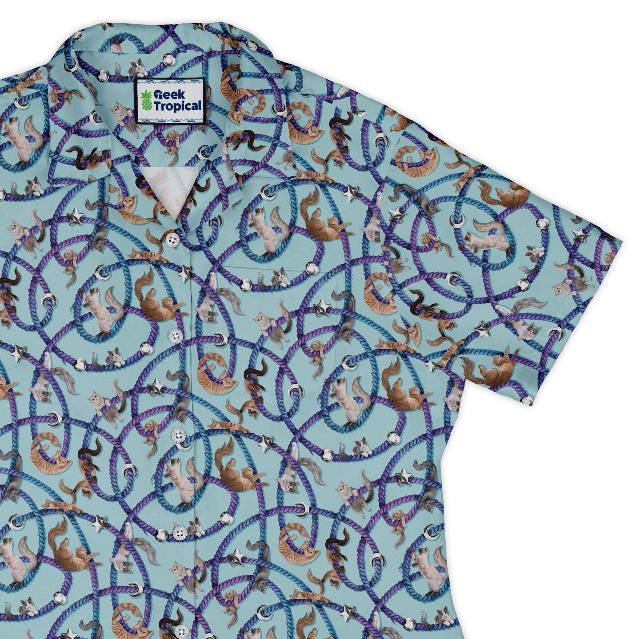 Cosmic Yarn Cats Teal Curvy Button Up Shirt womens top right