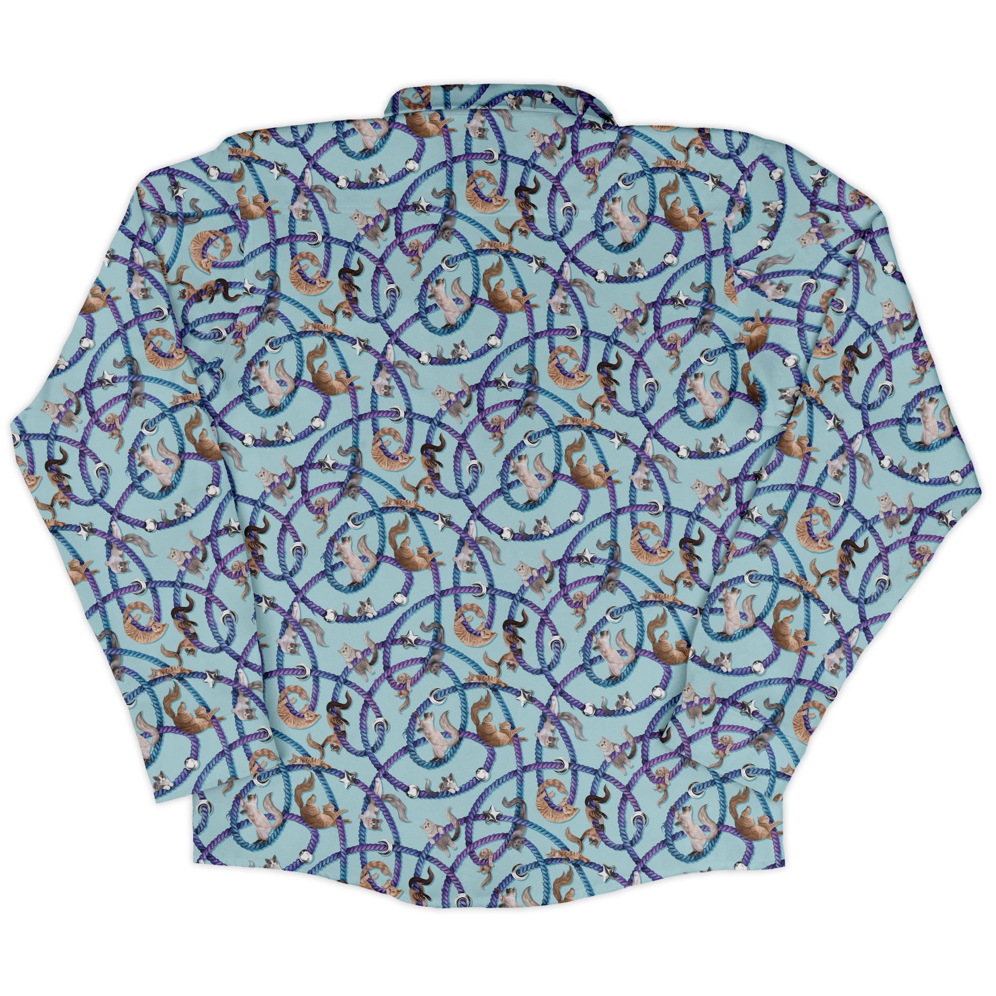 Cosmic Yarn Cats Teal Long Sleeve Button Up Shirt back