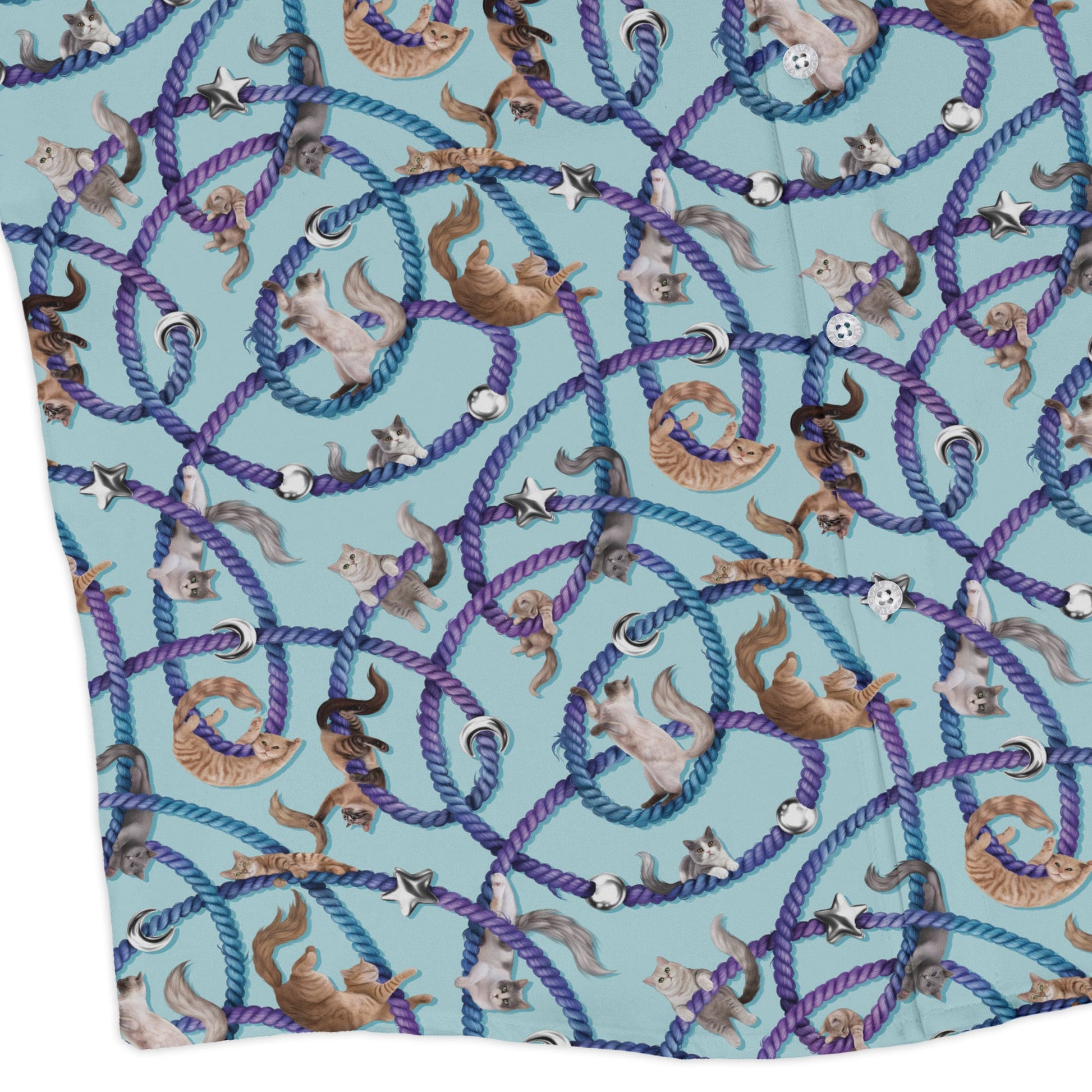 Cosmic Yarn Cats Teal Long Sleeve Button Up Shirt corner