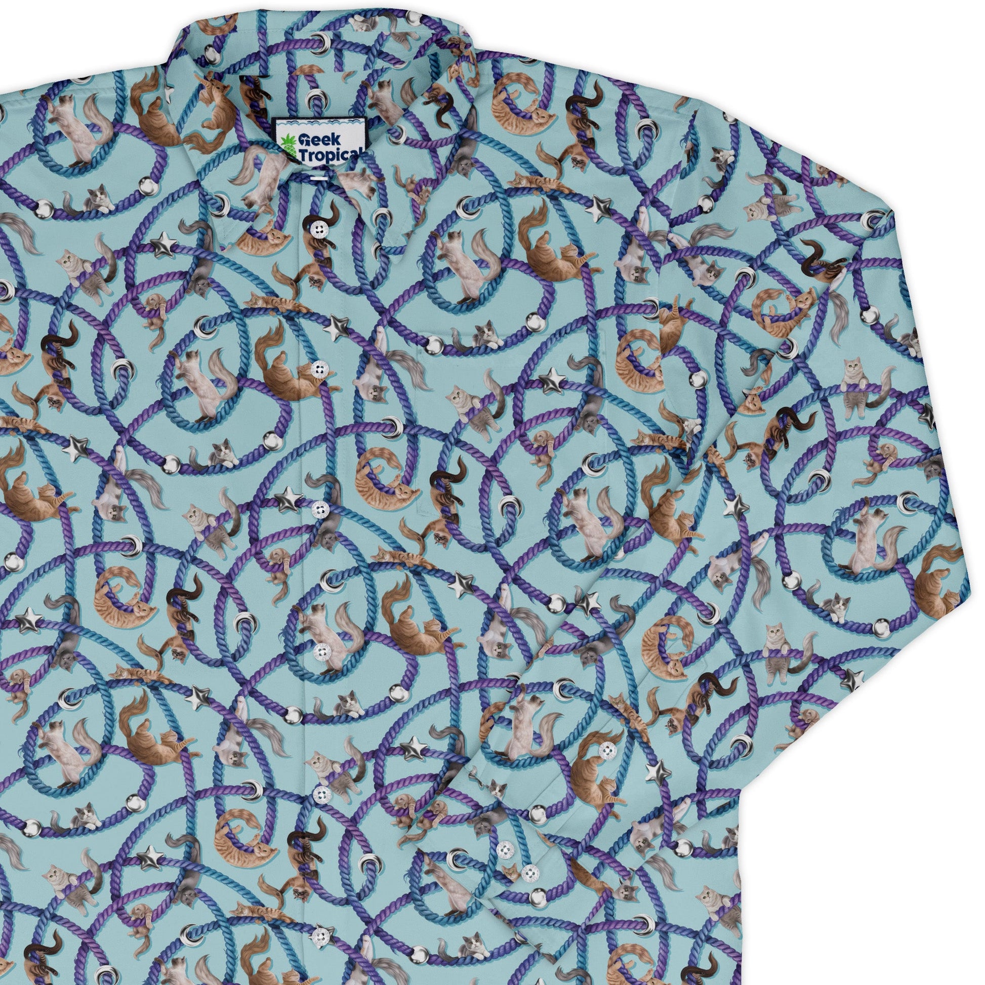 Cosmic Yarn Cats Teal Long Sleeve Button Up Shirt cover