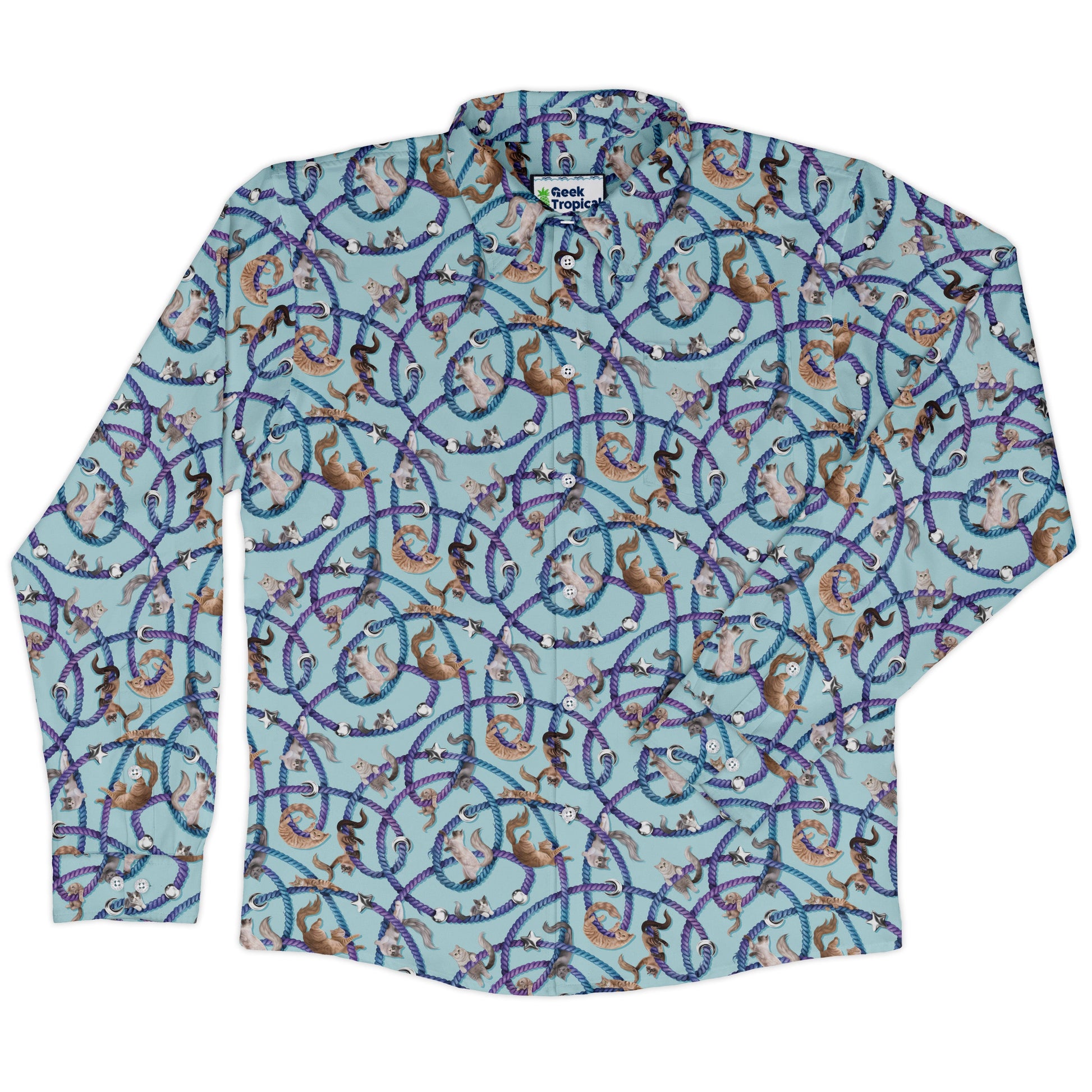 Cosmic Yarn Cats Teal Long Sleeve Button Up Shirt front