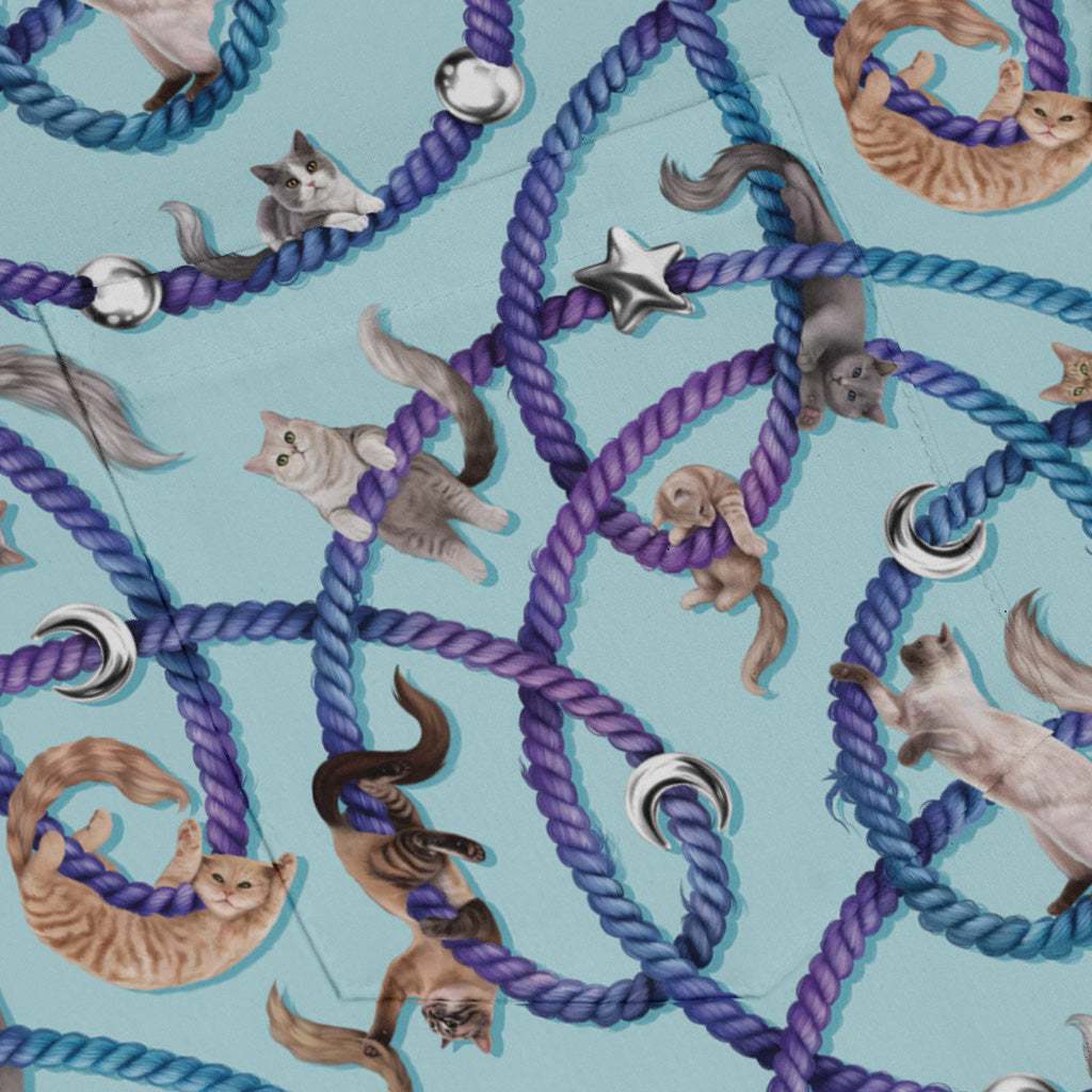 Cosmic Yarn Cats Teal Long Sleeve Button Up Shirt pocket