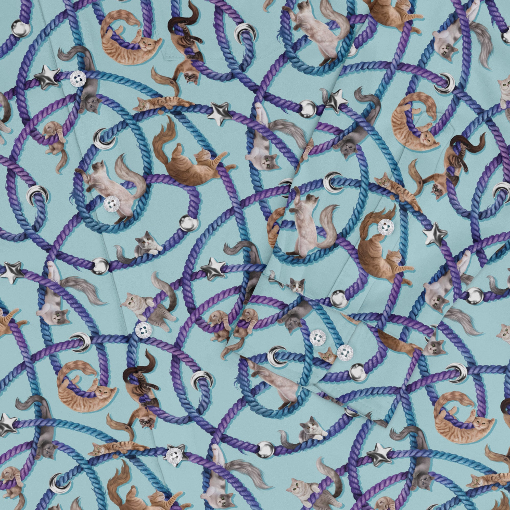 Cosmic Yarn Cats Teal Long Sleeve Button Up Shirt 2
