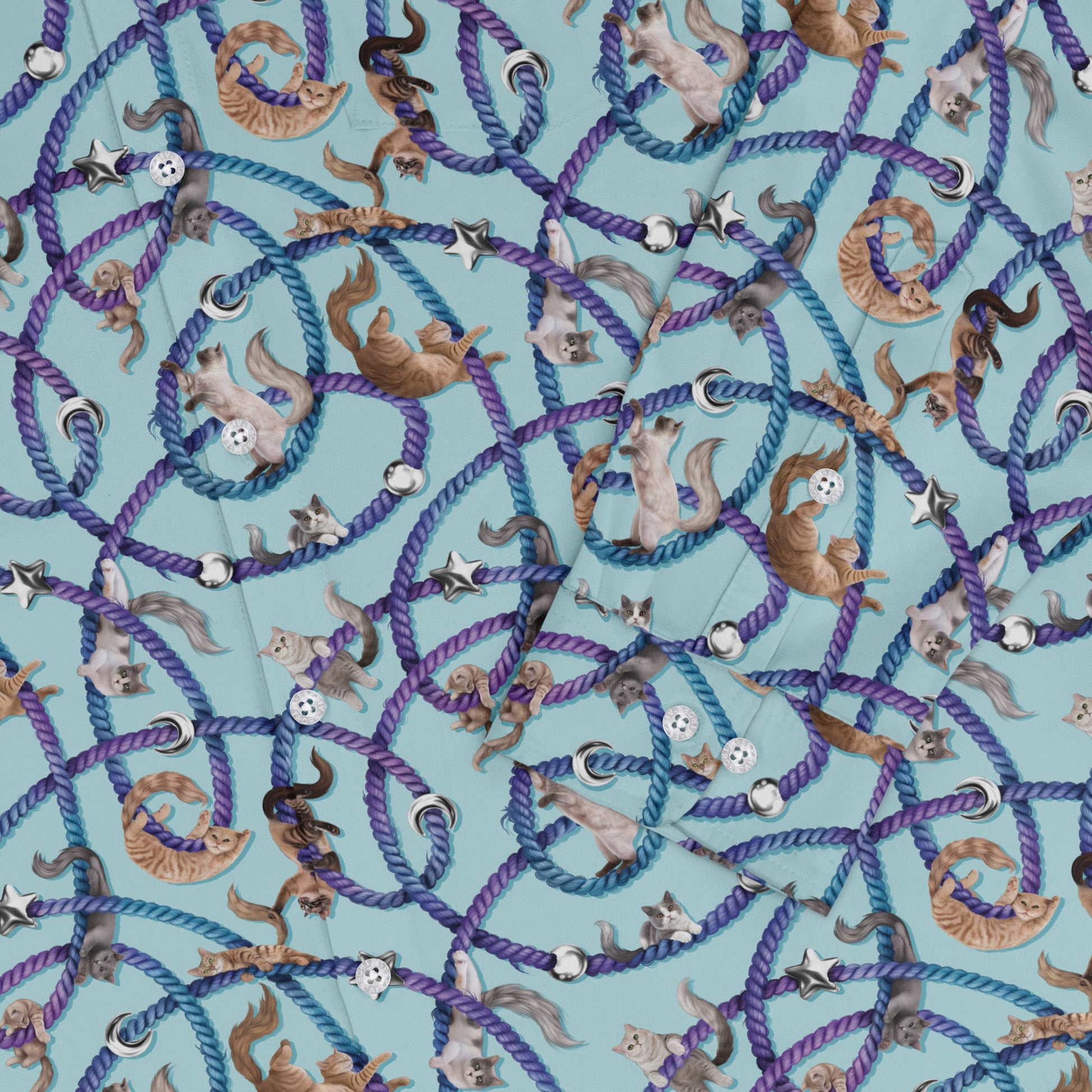 Cosmic Yarn Cats Teal Long Sleeve Button Up Shirt sleeve close