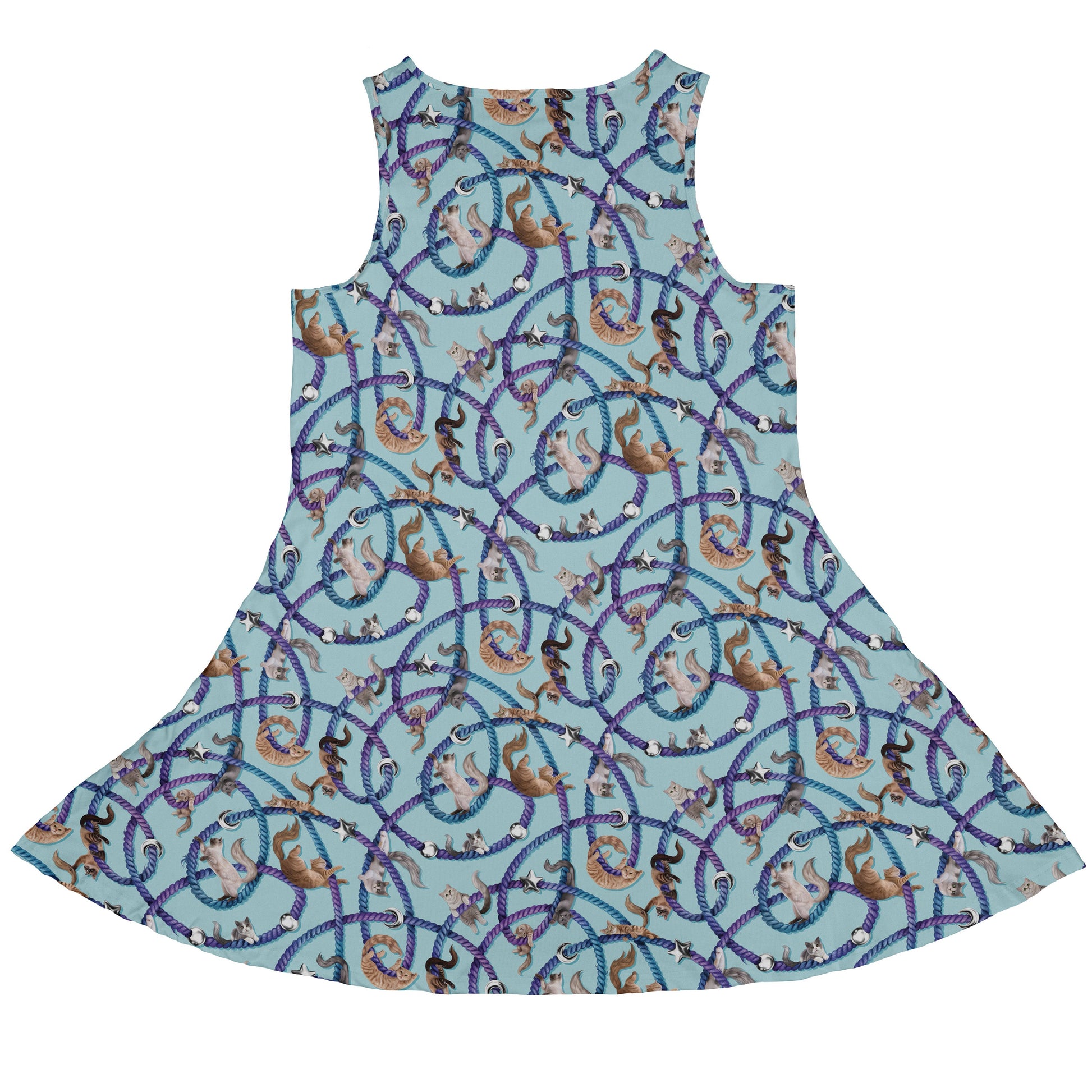 Cosmic Yarn Cats Teal Sleeveless Dress back