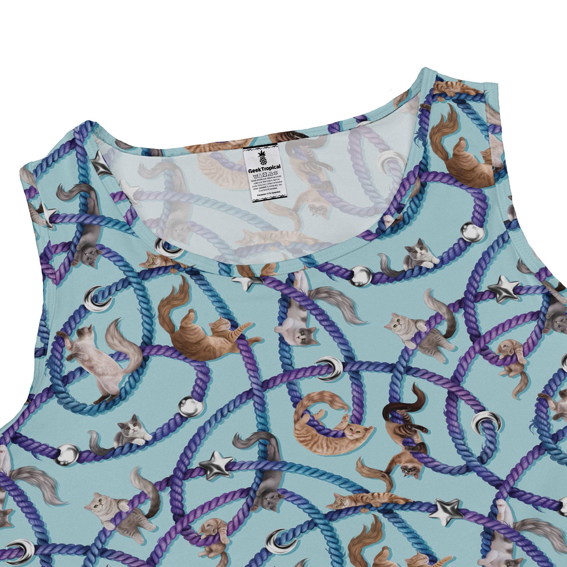 Cosmic Yarn Cats Teal Sleeveless Dress close front