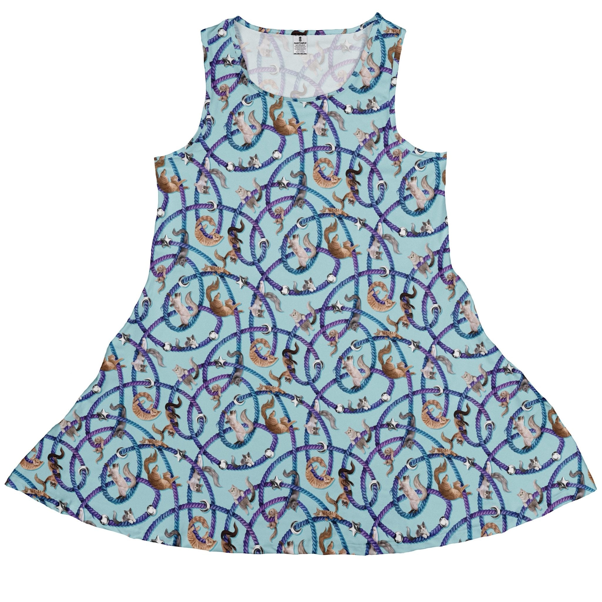 Cosmic Yarn Cats Teal Sleeveless Dress 1